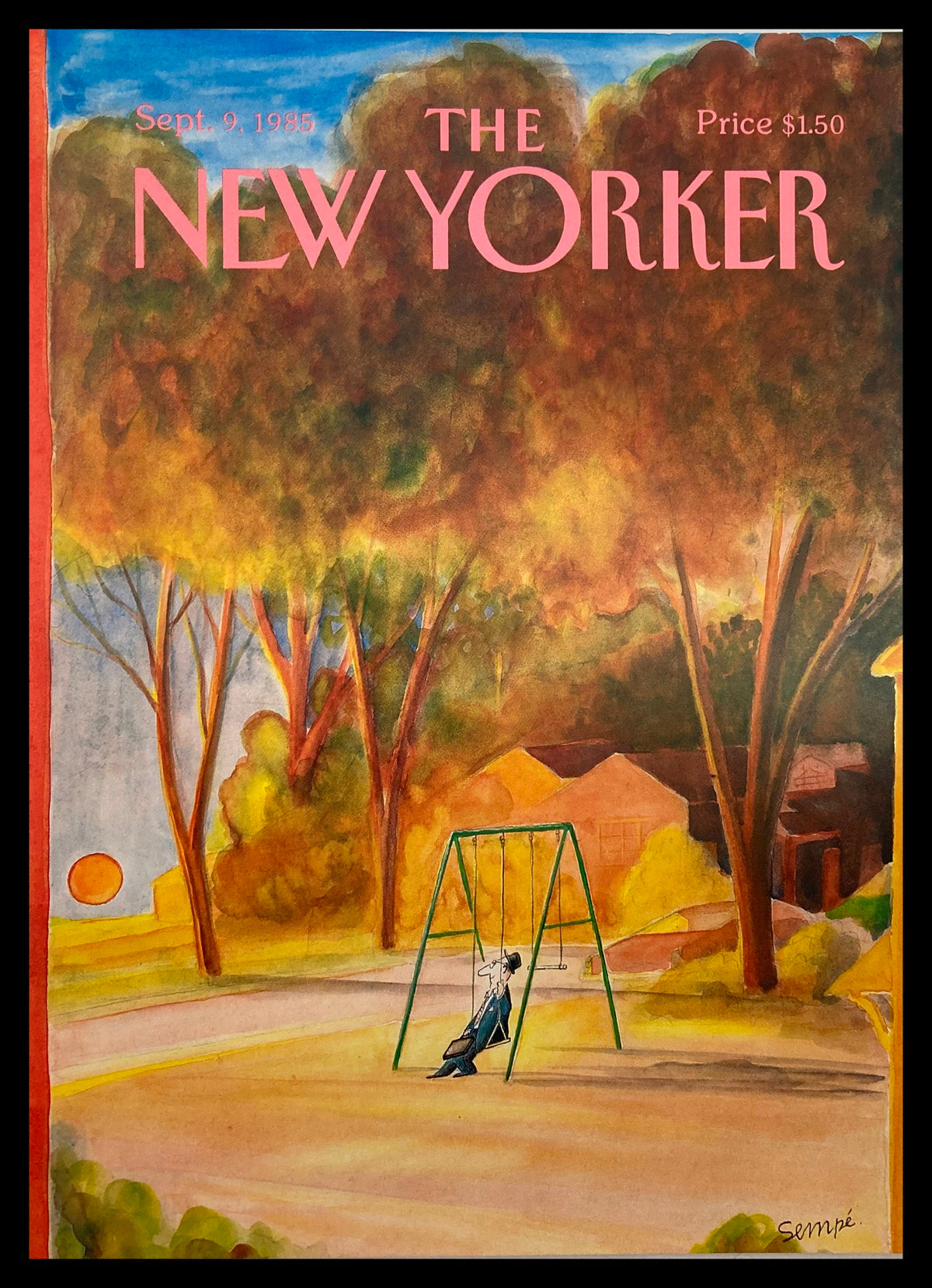 The New Yorker September 9 1985 Sunset View cover by J. J. Sempe, featuring a serene scene of a man sitting on a swing with a sunset in the background.