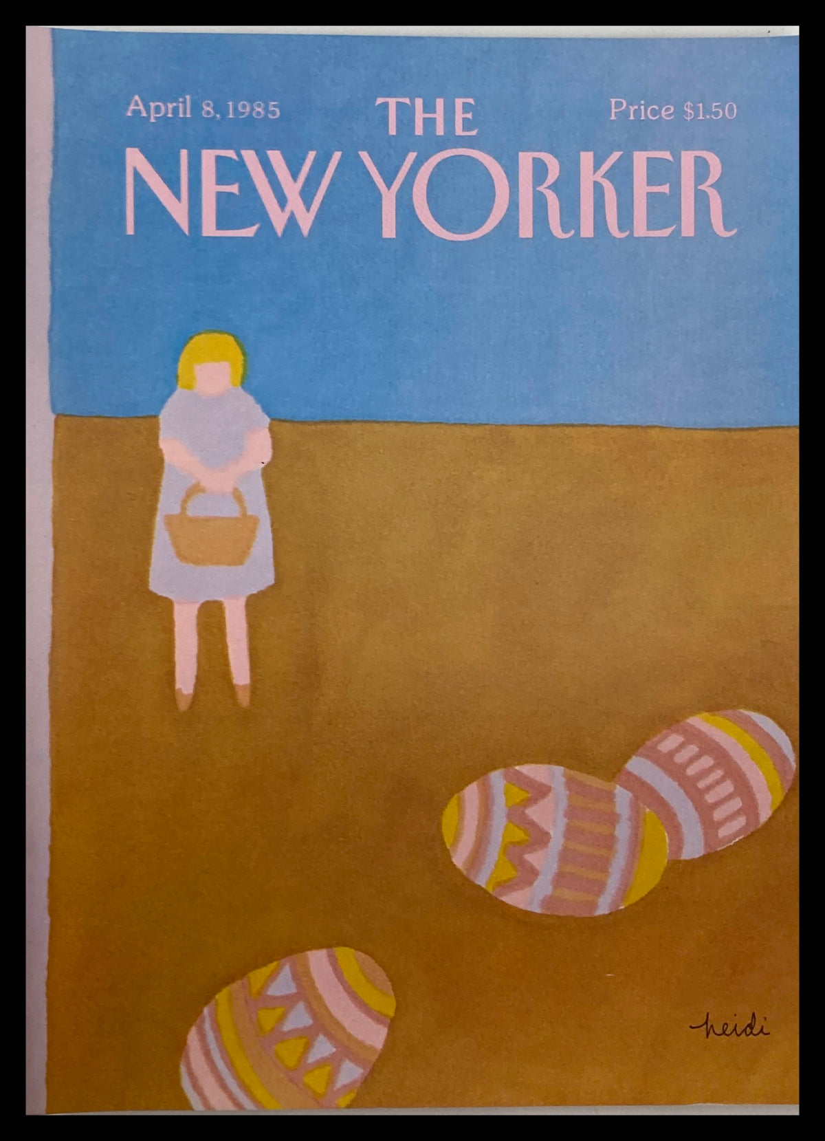 COVER ONLY The New Yorker April 8 1985 featuring 'Easter Eggs' by Heidi Goennel, depicting a girl with a basket and colorful Easter eggs against a muted background.