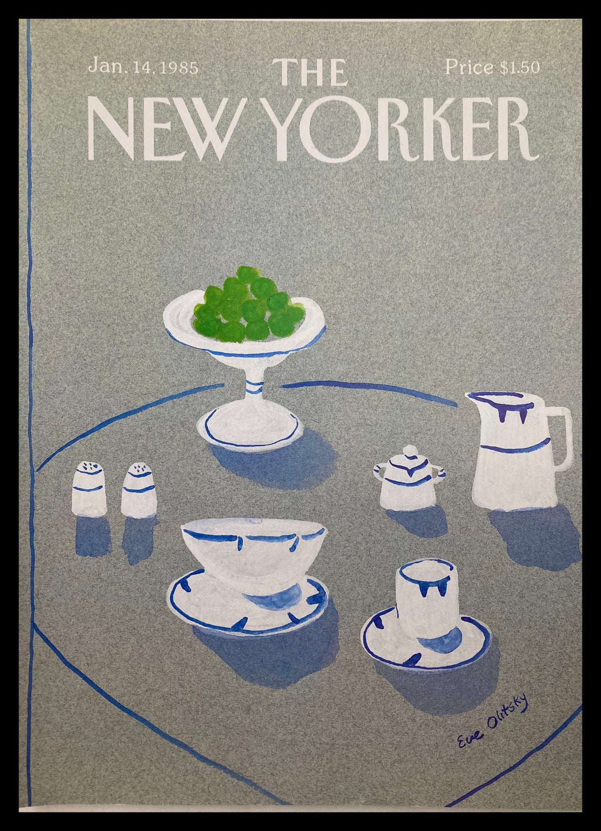 Cover of The New Yorker from January 14, 1985, featuring the illustration 'Tea Time' by Eve Olitsky, depicting an elegant tea set with green fruits against a textured background.
