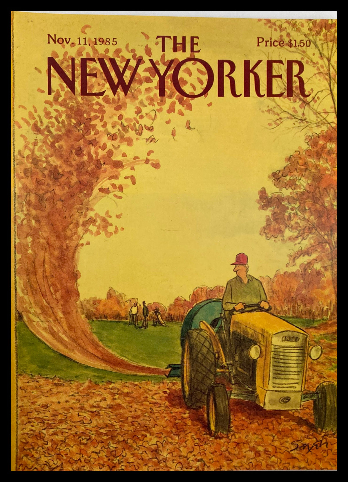 Cover Only The New Yorker November 11 1985 Fly Away by Charles Saxon, featuring a vintage illustration of a man on a tractor in a fall landscape with colorful autumn leaves.
