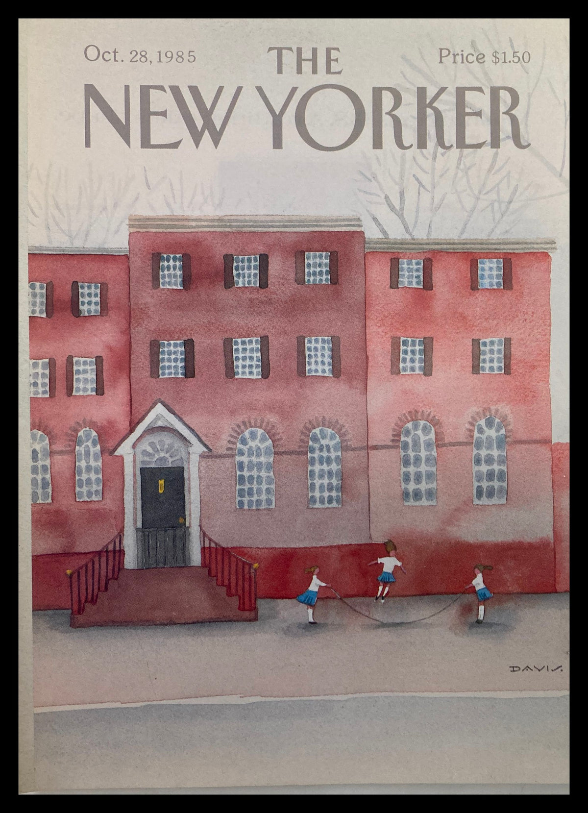 COVER ONLY The New Yorker October 28 1985, featuring an illustration titled 'Skip Rope' by Susan Davis, showcasing a brick building and children playing.