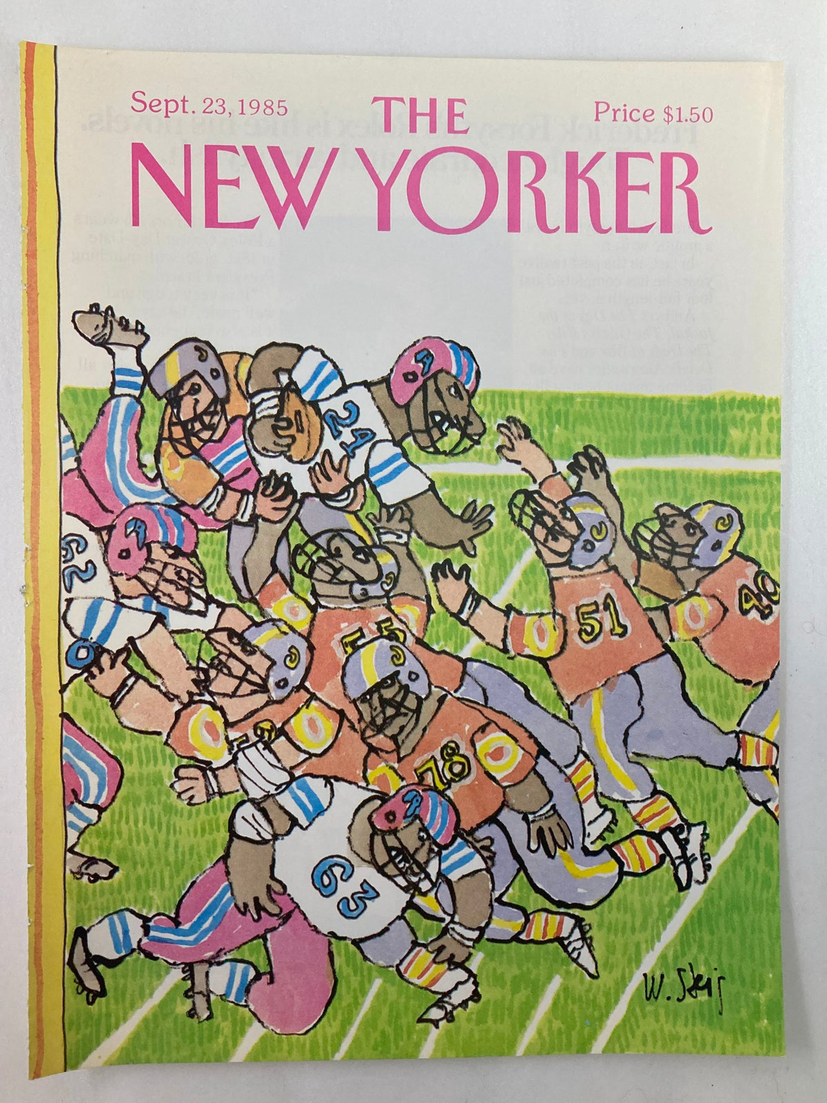 Cover of The New Yorker from September 23, 1985 by William Steig showing a dynamic football scene with players in action and vibrant colors.