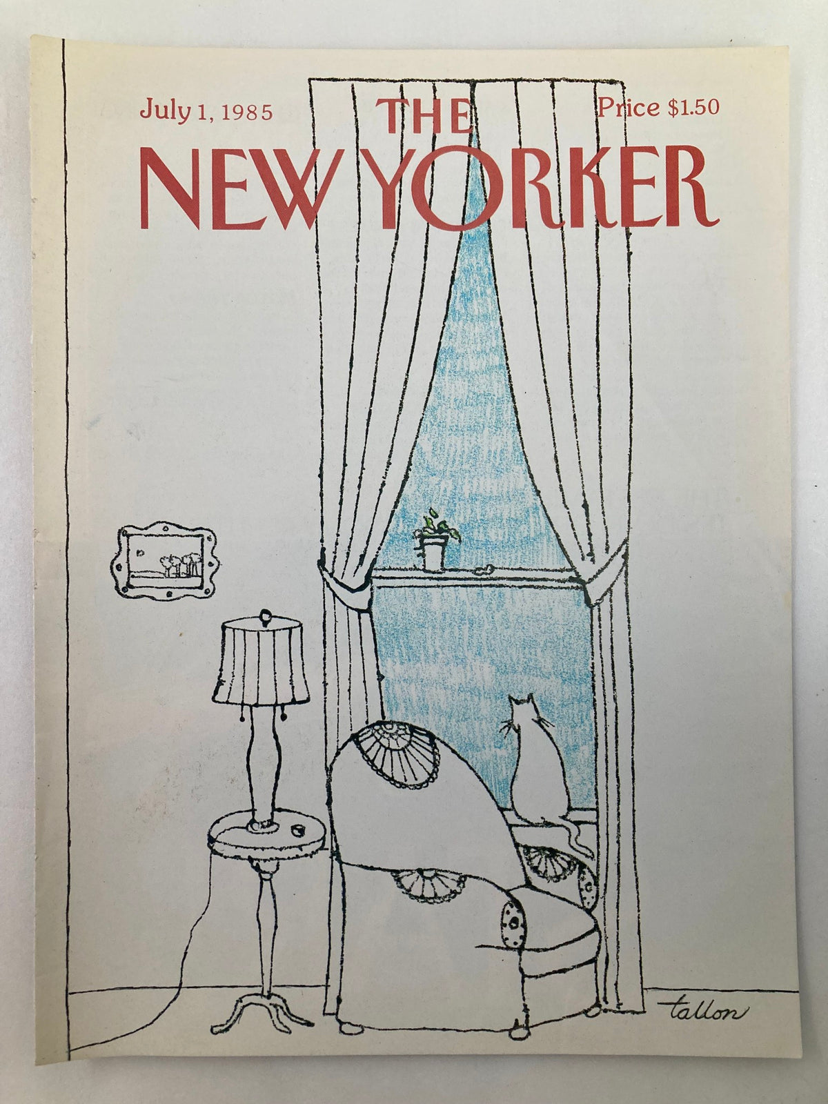 The New Yorker magazine cover dated July 1, 1985, designed by Robert Tallon, showcasing a simple artwork of a cozy room with a lamp, a chair, and a cat by the window.