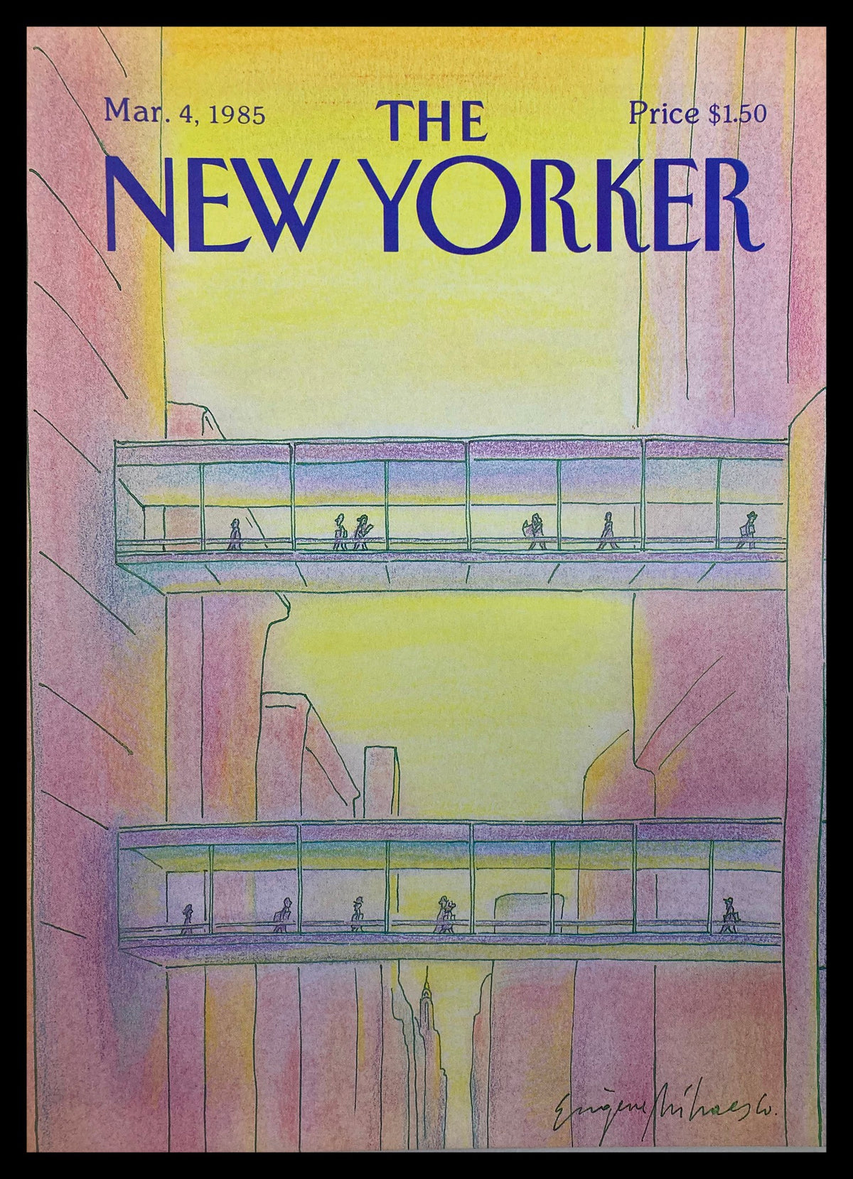 Cover of The New Yorker March 4 1985 featuring the illustration 'Sky Bridge' by Eugene Mihaesco, showcasing an artistic representation of elevated walkways amidst a vibrant architectural background.