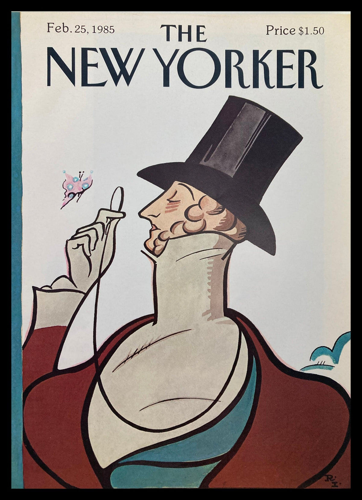 Cover art of The New Yorker dated February 25, 1985, featuring the iconic Eustace Tilley illustrated by Ira Levin with whimsical colors and design.