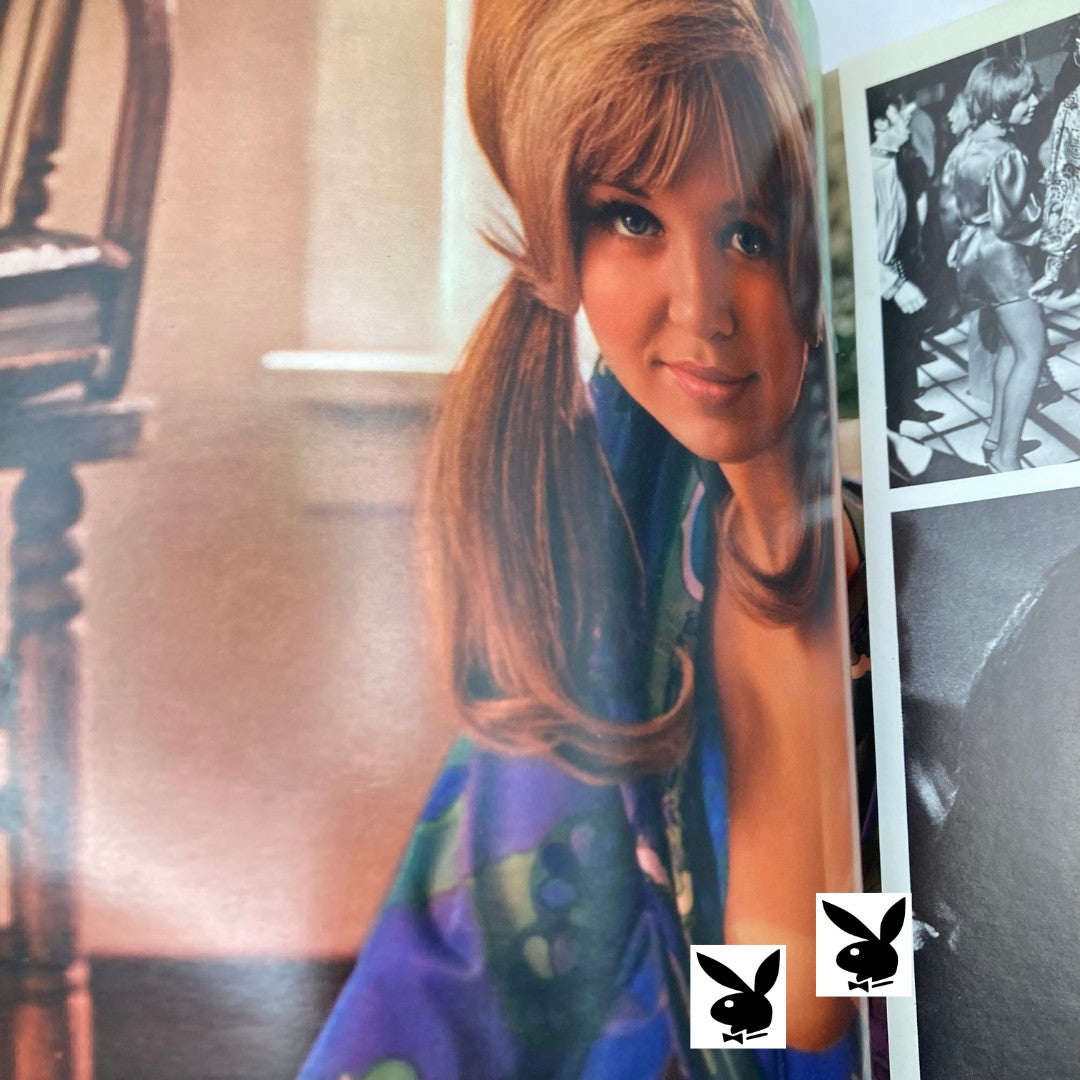 Centerfold image of Shay Knuth in the VTG Playboy Magazine September 1969, displaying her in a colorful robe, capturing the fashion and style of the era.