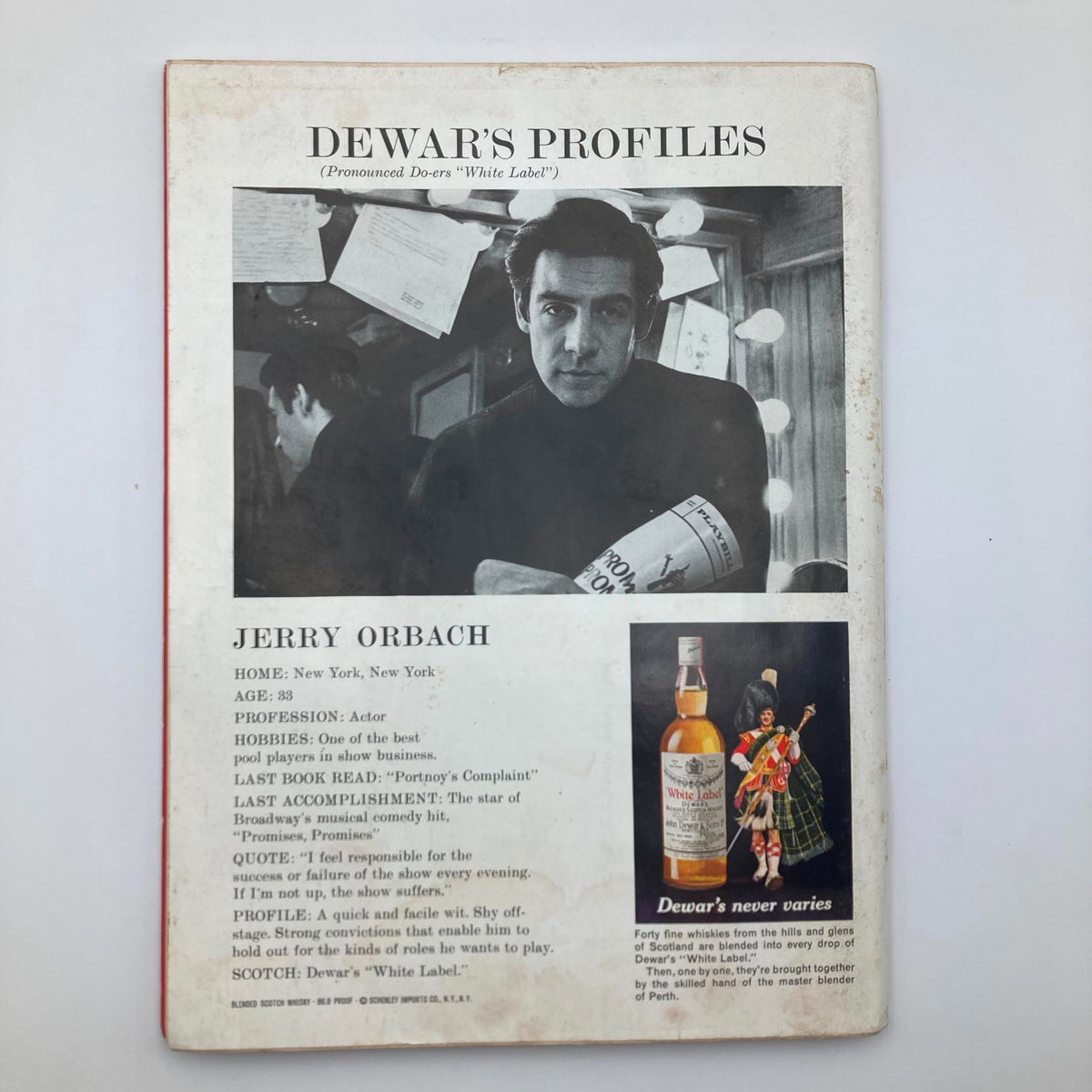 Back cover of the VTG Playboy Magazine July 1969 featuring a profile of Jerry Orbach, an actor, with details about his background, hobbies, and a Dewar's advertisement.