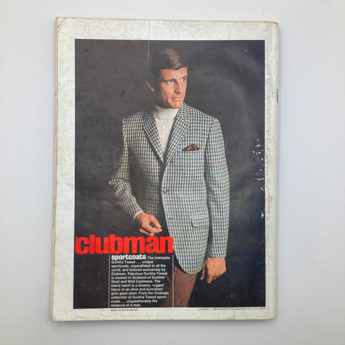 Back cover of VTG Playboy Magazine September 1968 displaying an advertisement for Clubman sportcoats, showcasing a model in a stylish plaid blazer.