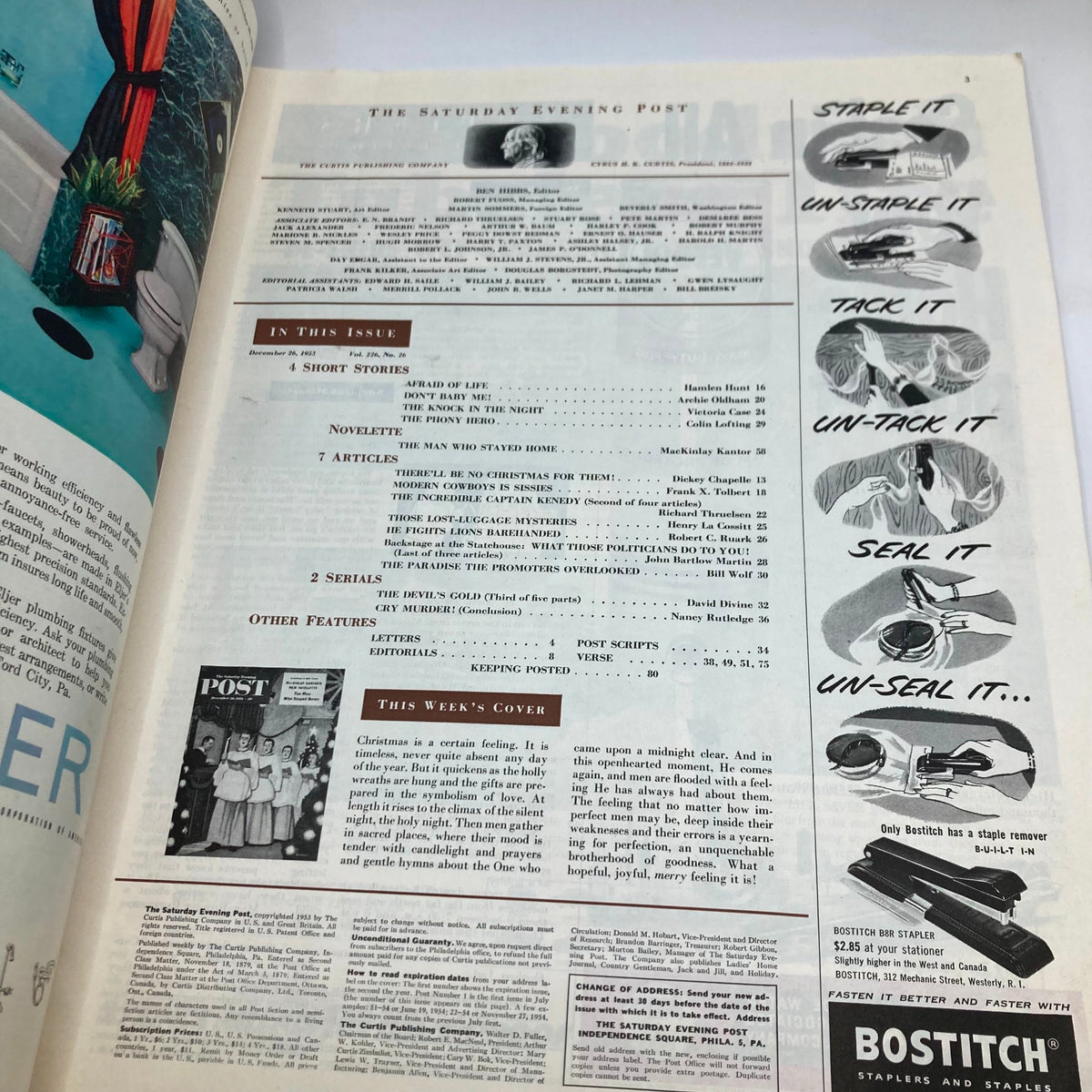 Inside page of the Saturday Evening Post Magazine December 28 1953, showing the table of contents and articles featured in that issue, reflecting the magazine's mid-century charm.