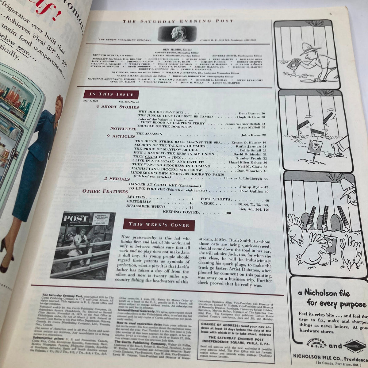 Interior page of the Saturday Evening Post Magazine May 9, 1953, displaying the contents and featured articles of the issue including a reflection on the cover illustration.