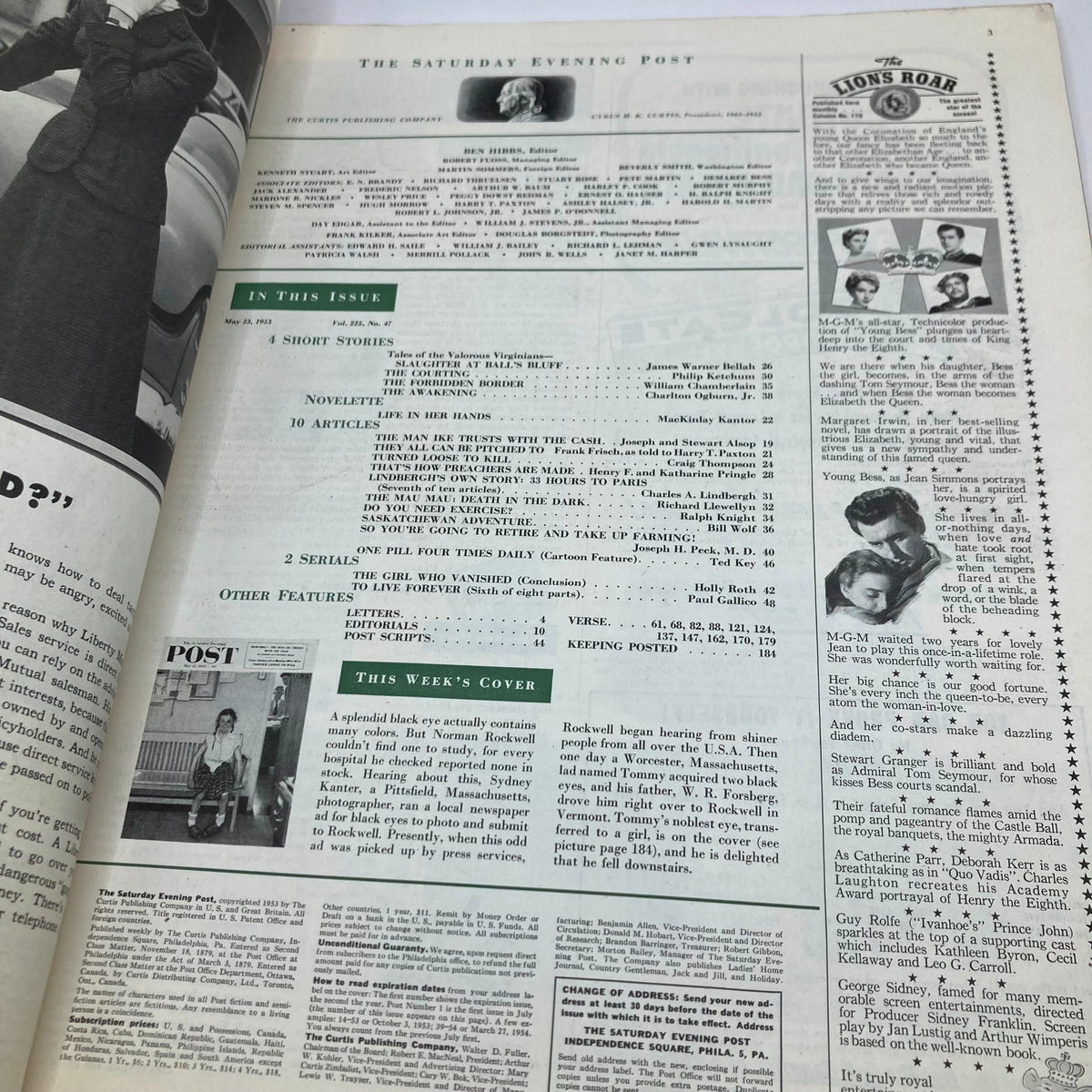 Inside view of the Saturday Evening Post Magazine dated May 23, 1953 featuring various articles, including the cover feature titled 'Splendid Black Eye' by Norman Rockwell.