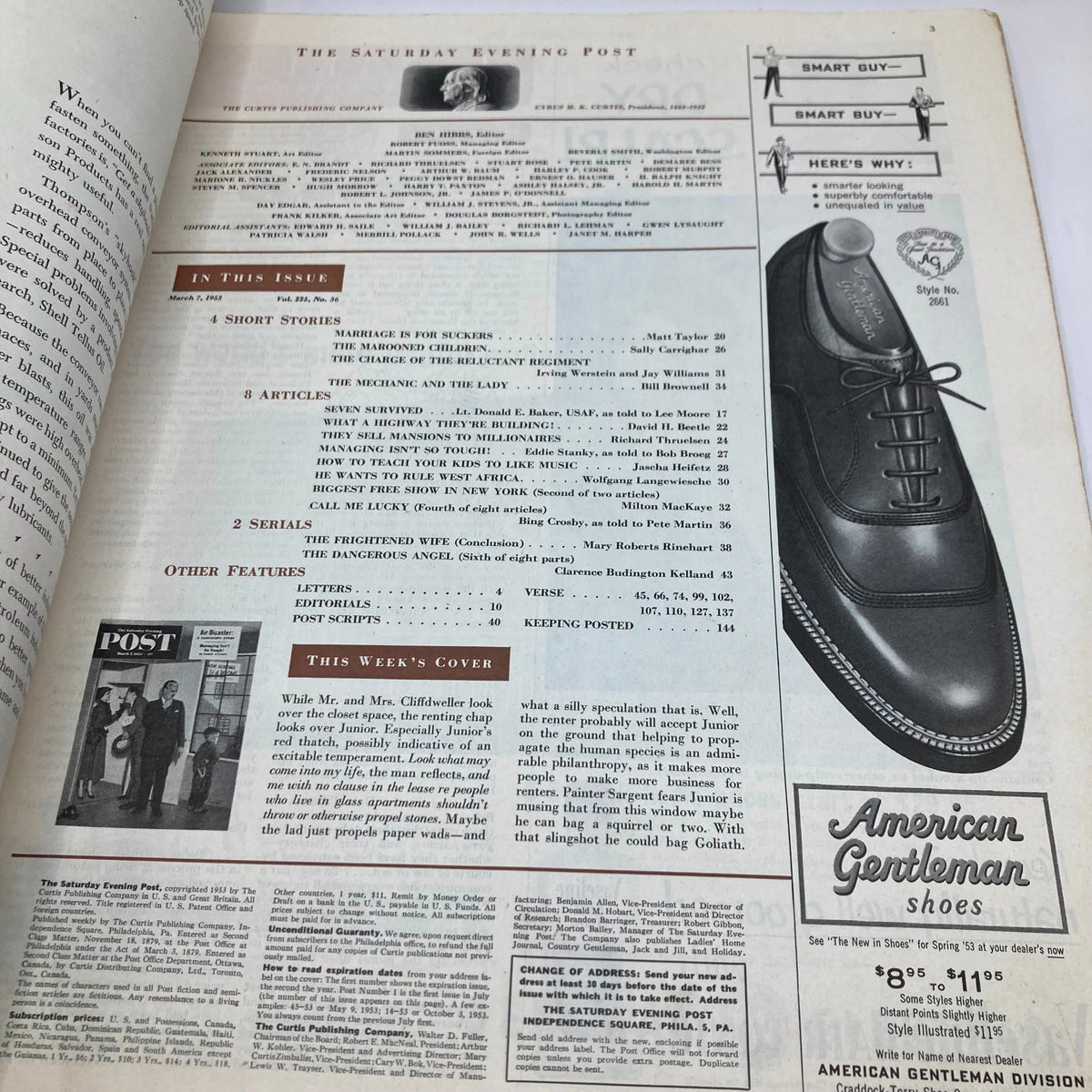 Interior page of the Saturday Evening Post Magazine March 7 1953, displaying the table of contents and advertisements, reflecting mid-20th century American culture.