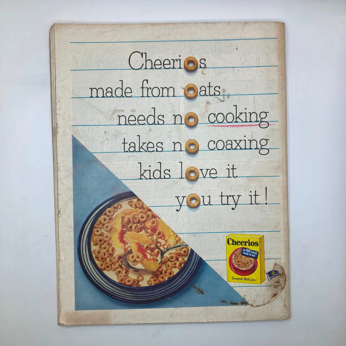 Back cover of Saturday Evening Post Magazine from September 12, 1953, highlighting an advertisement for Cheerios, presenting a simple, child-friendly breakfast option with an appealing design.