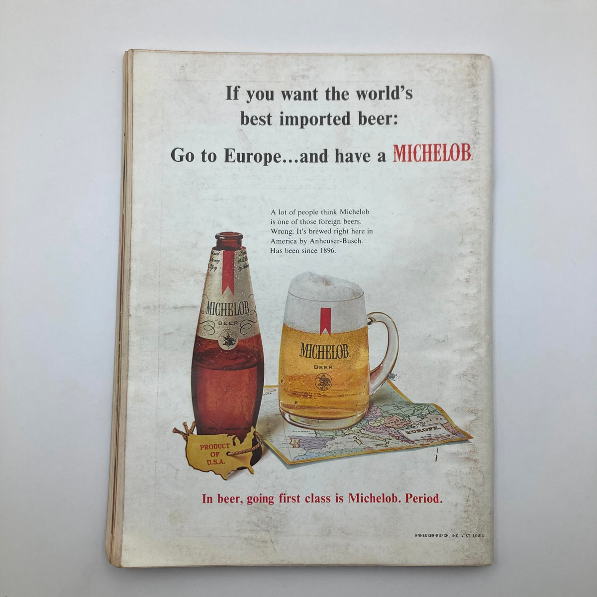 Back cover of the VTG Playboy Magazine July 1968 showcasing a vintage Michelob beer advertisement, emphasizing it as a product of the USA.