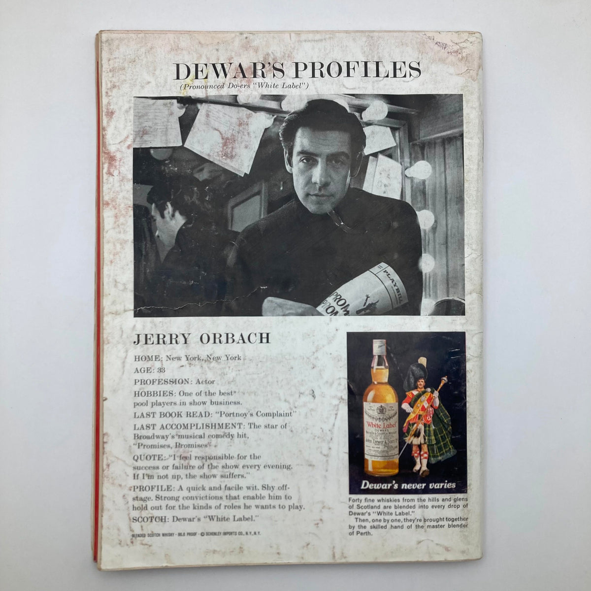 Profile page of actor Jerry Orbach from VTG Playboy Magazine July 1969, displaying a vintage black and white photograph with biographical details.