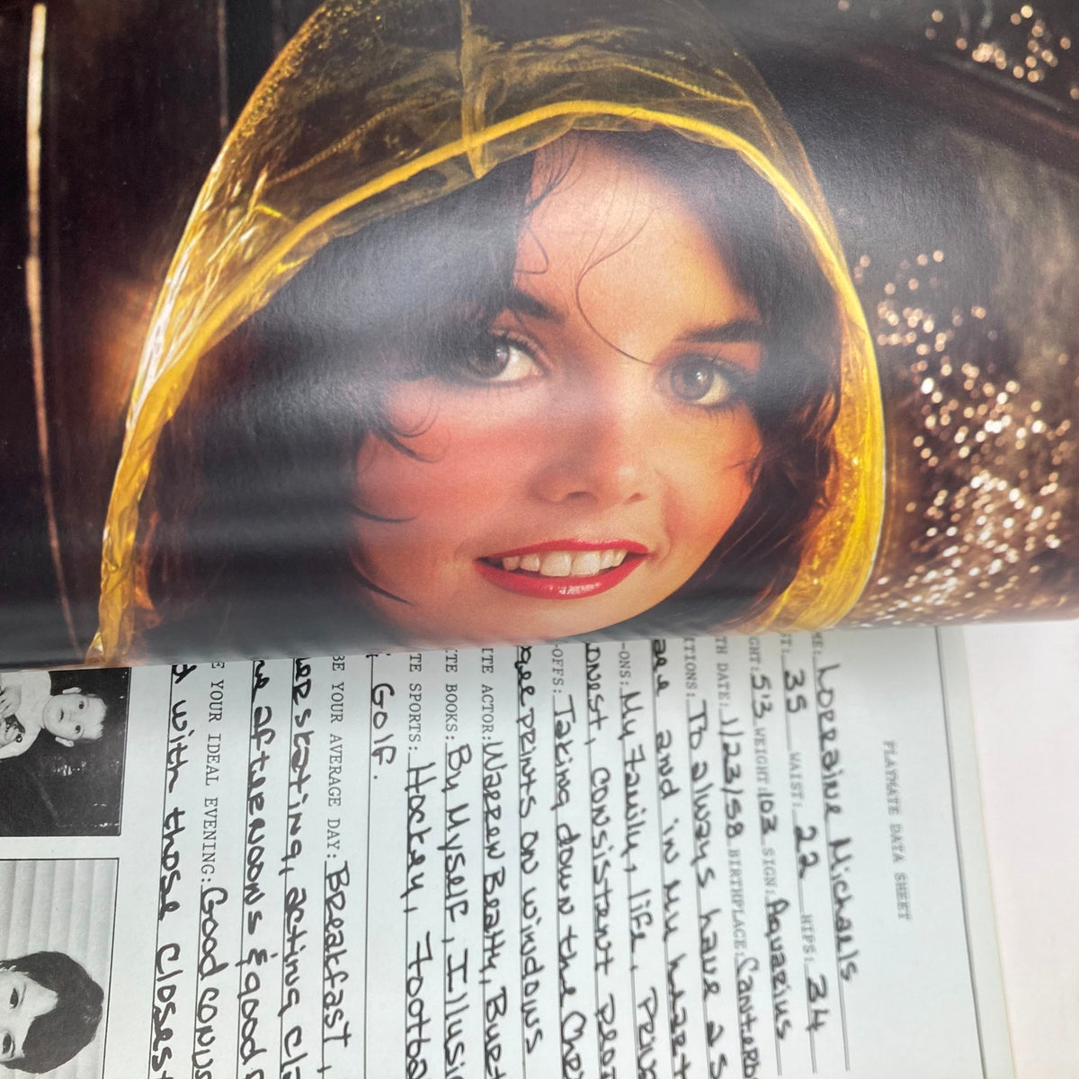 Interior page from VTG Playboy Magazine April 1981, highlighting a close-up photograph of Lorraine Michaels and accompanying editorial content.