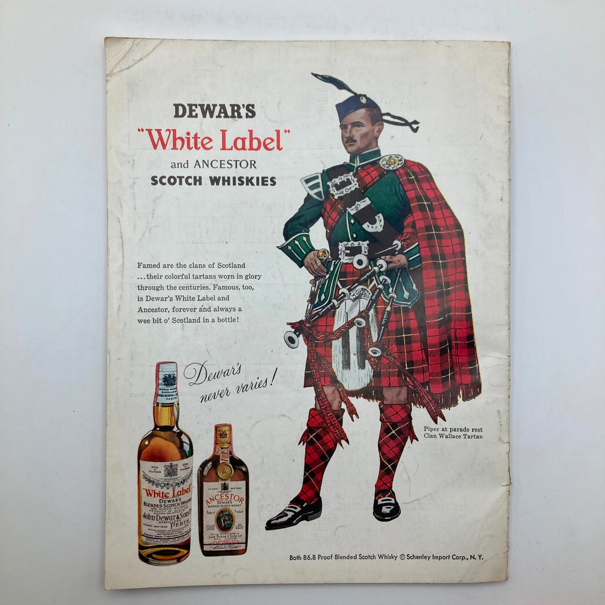 Vintage Dewar's White Label and Ancestor Scotch Whiskies advertisement featuring a Scottish man in traditional attire, showcasing bottles of whisky, from the January 1958 issue of The Atlantic Magazine.