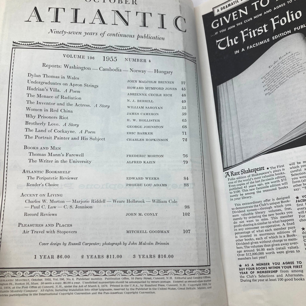 Inside pages of VTG The Atlantic Magazine October 1955 displaying the table of contents with articles and features including Dylan Thomas in Wales by John Malcolm Brinnin.