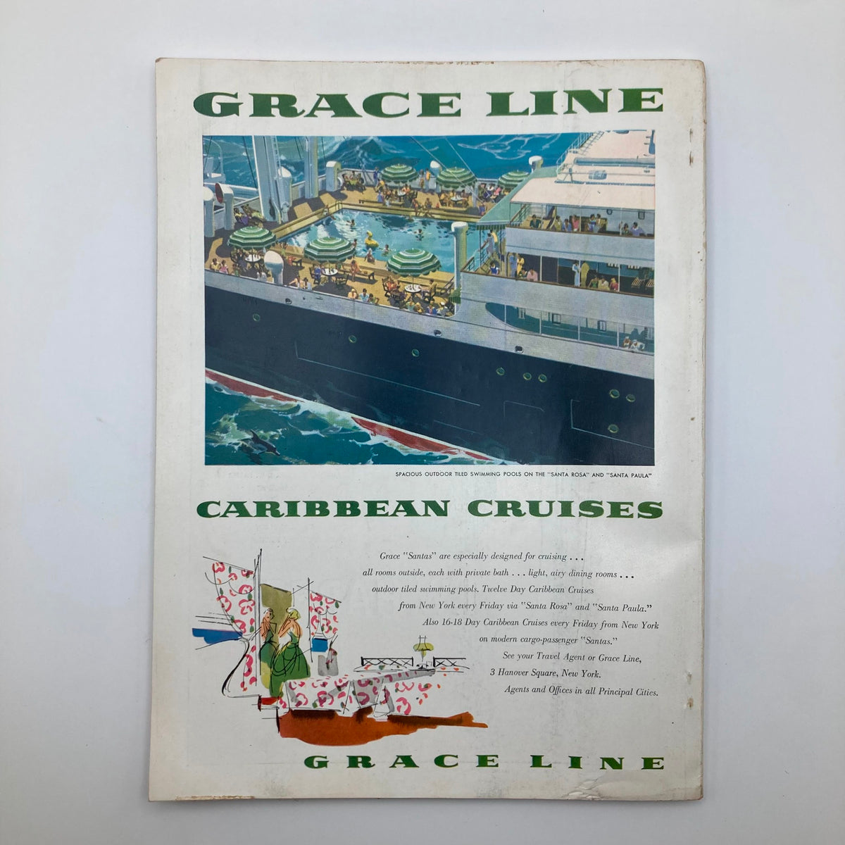 Vintage advertisement from the Grace Line showcasing Caribbean Cruises with an illustration of a luxury ship, highlighting spacious outdoor tiled swimming pools, and promoting 12-day Caribbean cruises from New York. VTG The Atlantic Magazine October 1955 Dylan Thomas in Wales.
