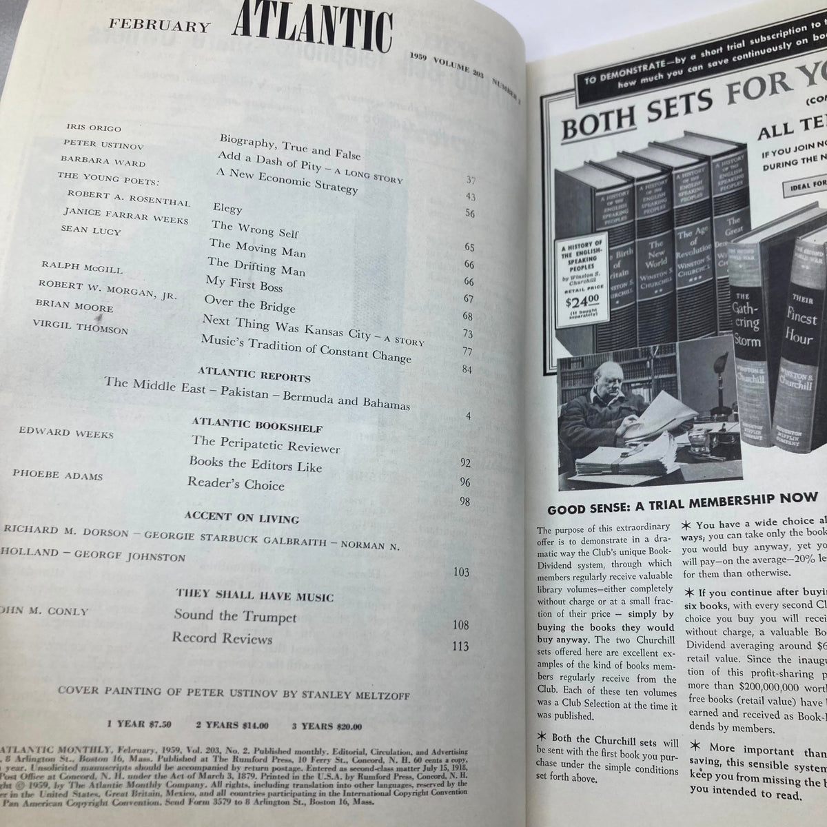 February 1959 edition of VTG The Atlantic Magazine featuring contents including Peter Ustinov's article 'A Dash of Pity'. The page showcases articles, reports, and the magazine's branding.