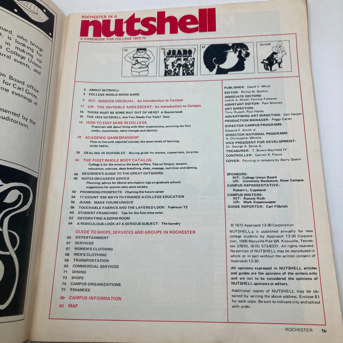 Inside page of VTG Nutshell Magazine 1972-1973, detailing the table of contents and highlights such as college life topics, educational insights, and student resource guides.