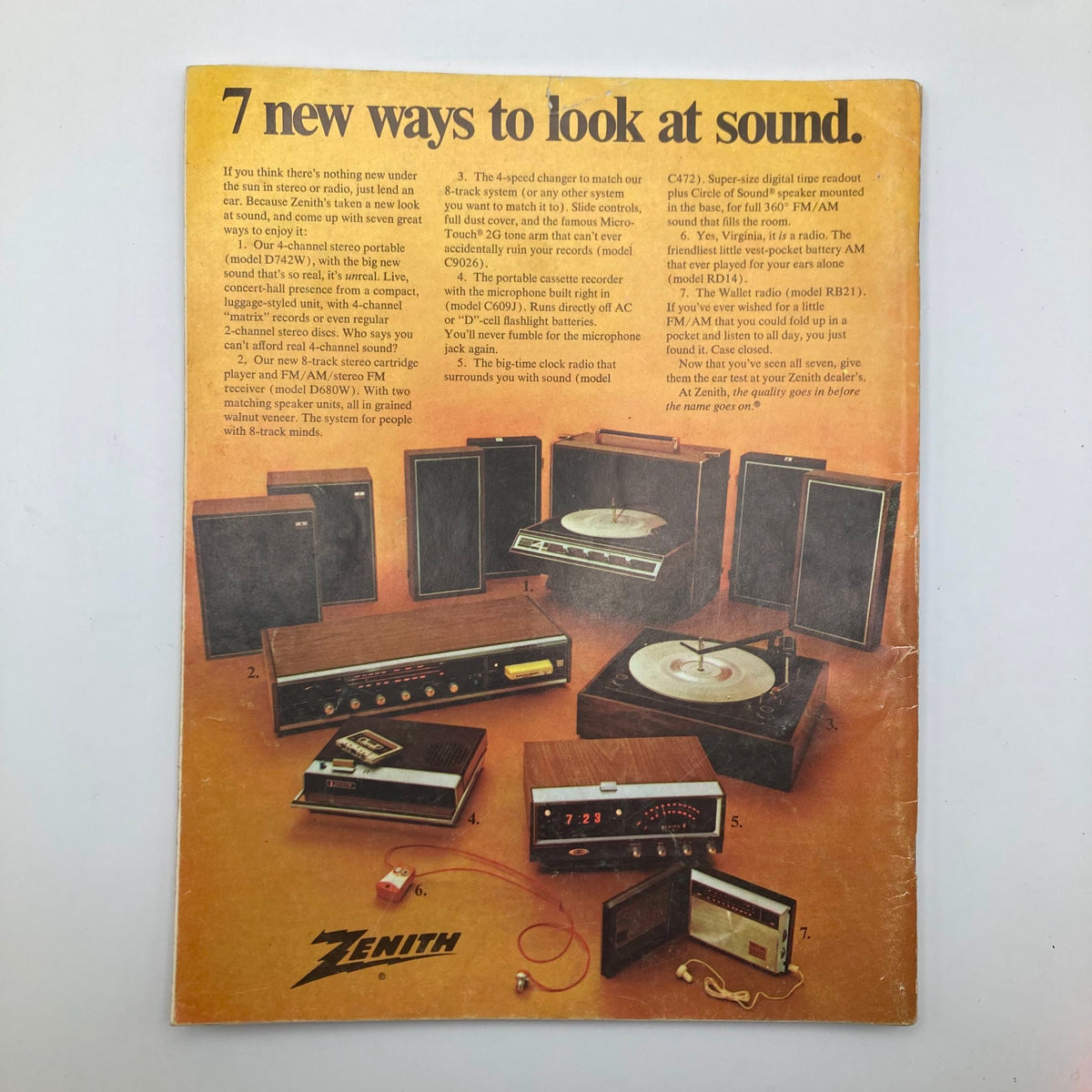 Back cover of the VTG Nutshell Magazine 1972-1973, showcasing Zenith audio equipment advertisements with descriptions highlighting innovative features of stereos and record players.