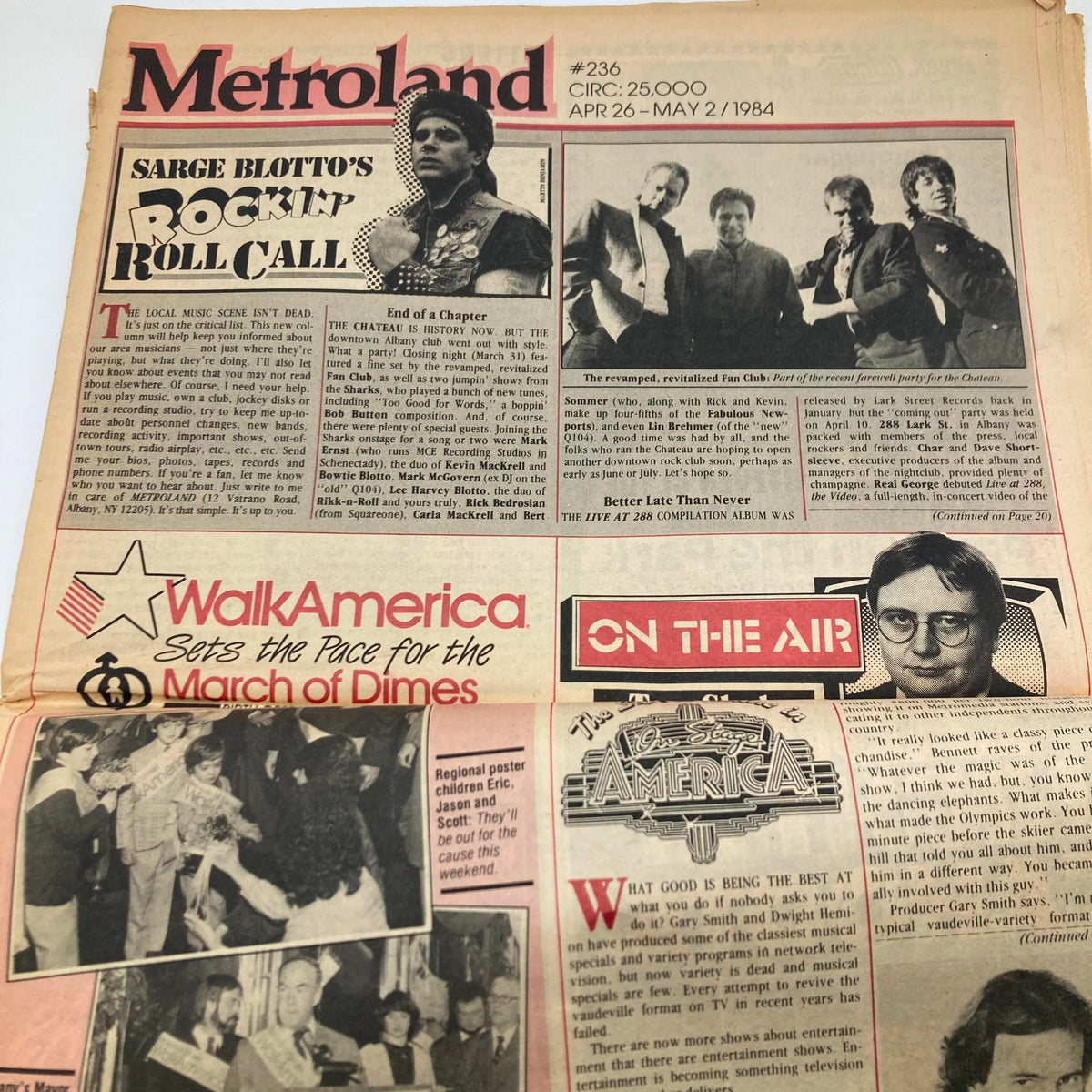 Interior page of VTG Metroland Magazine April 26, 1984 showcasing articles related to local music events and the March of Dimes charity. Captivating content reflecting cultural aspects of the 1980s.