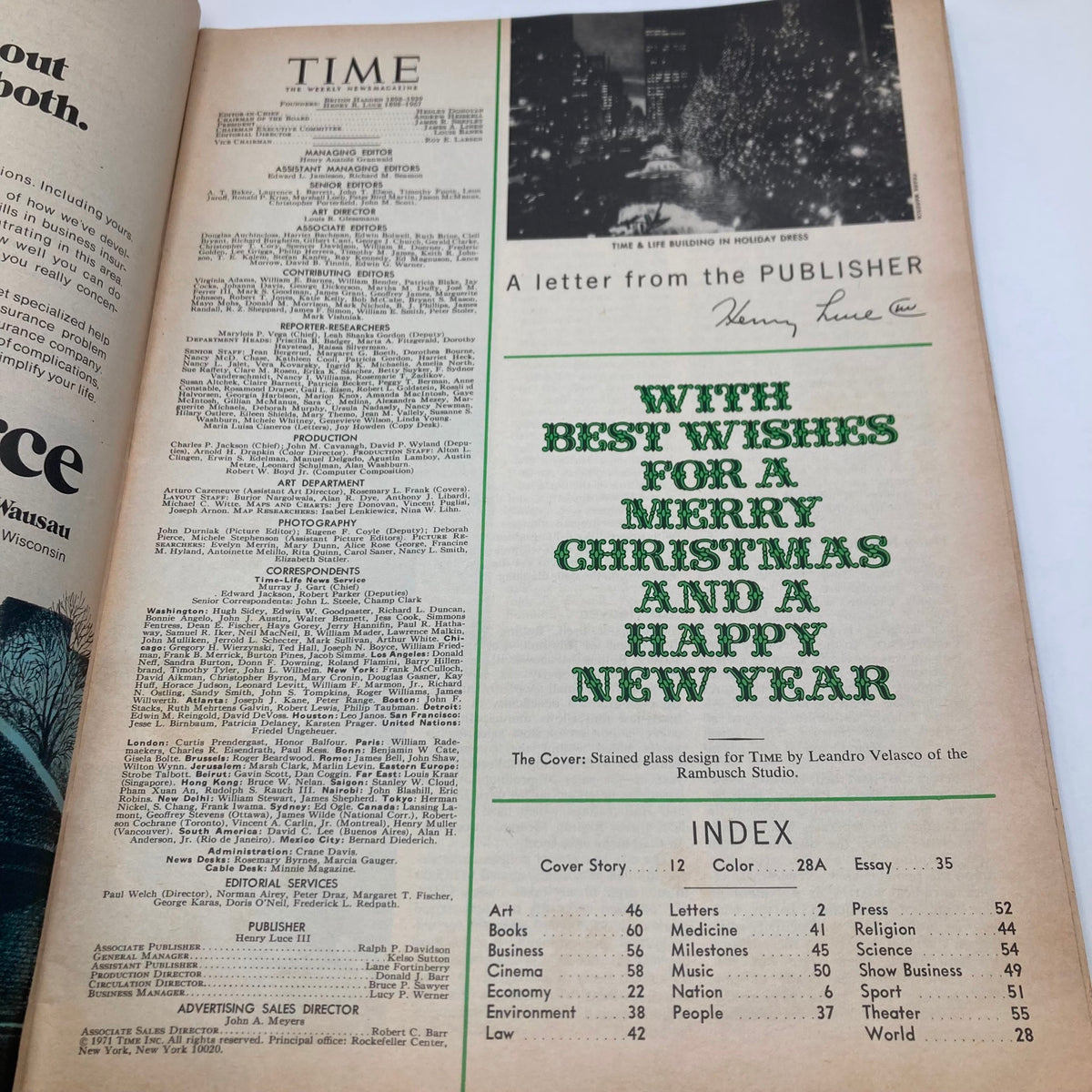 Inside page of VTG Time Magazine December 27 1971 displaying the editorial section and a festive message for Merry Christmas and a Happy New Year.