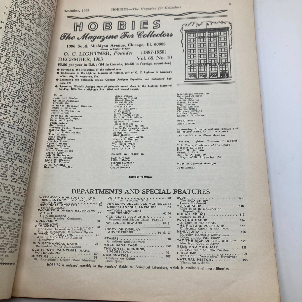 Inside page of VTG Hobbies Magazine December 1963 showing the table of contents and departments for collectors, Vol 68 No. 10.