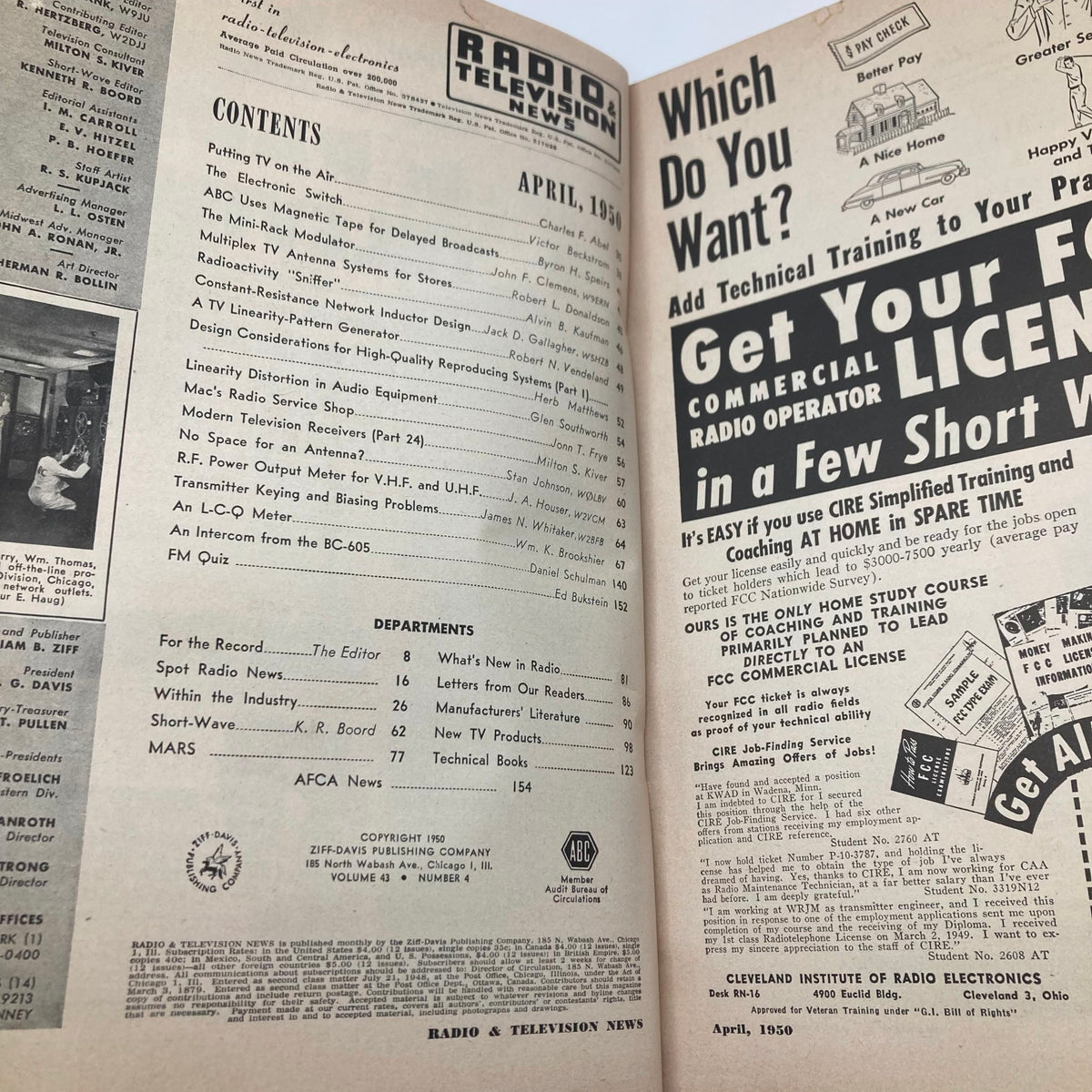 Inside page of VTG Radio & Television News Magazine April 1950 showing the table of contents and advertisements for commercial radio operator training.