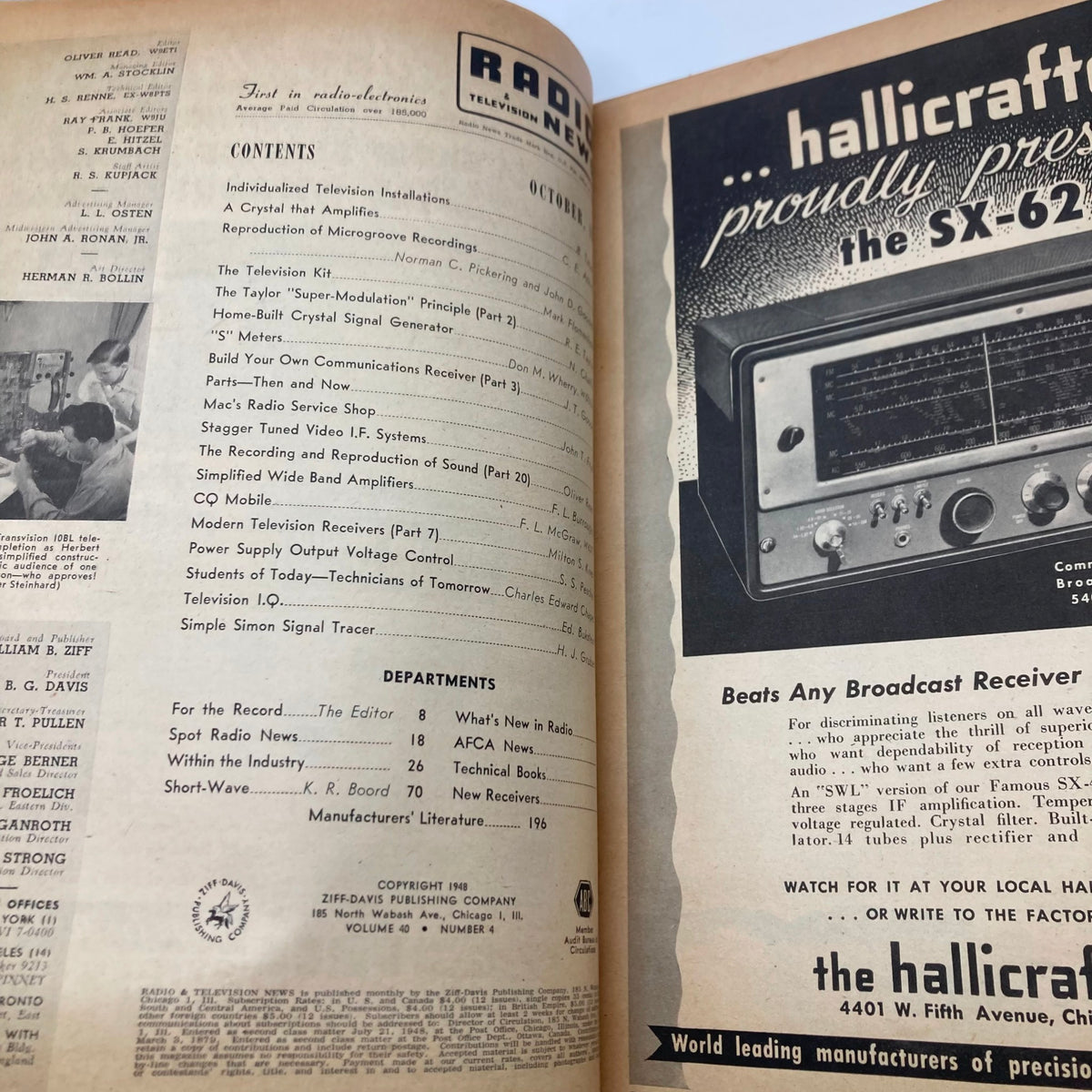 Interior page of VTG Radio & Television News Magazine October 1948 highlighting the contents, including articles on television technology and radio electronics.