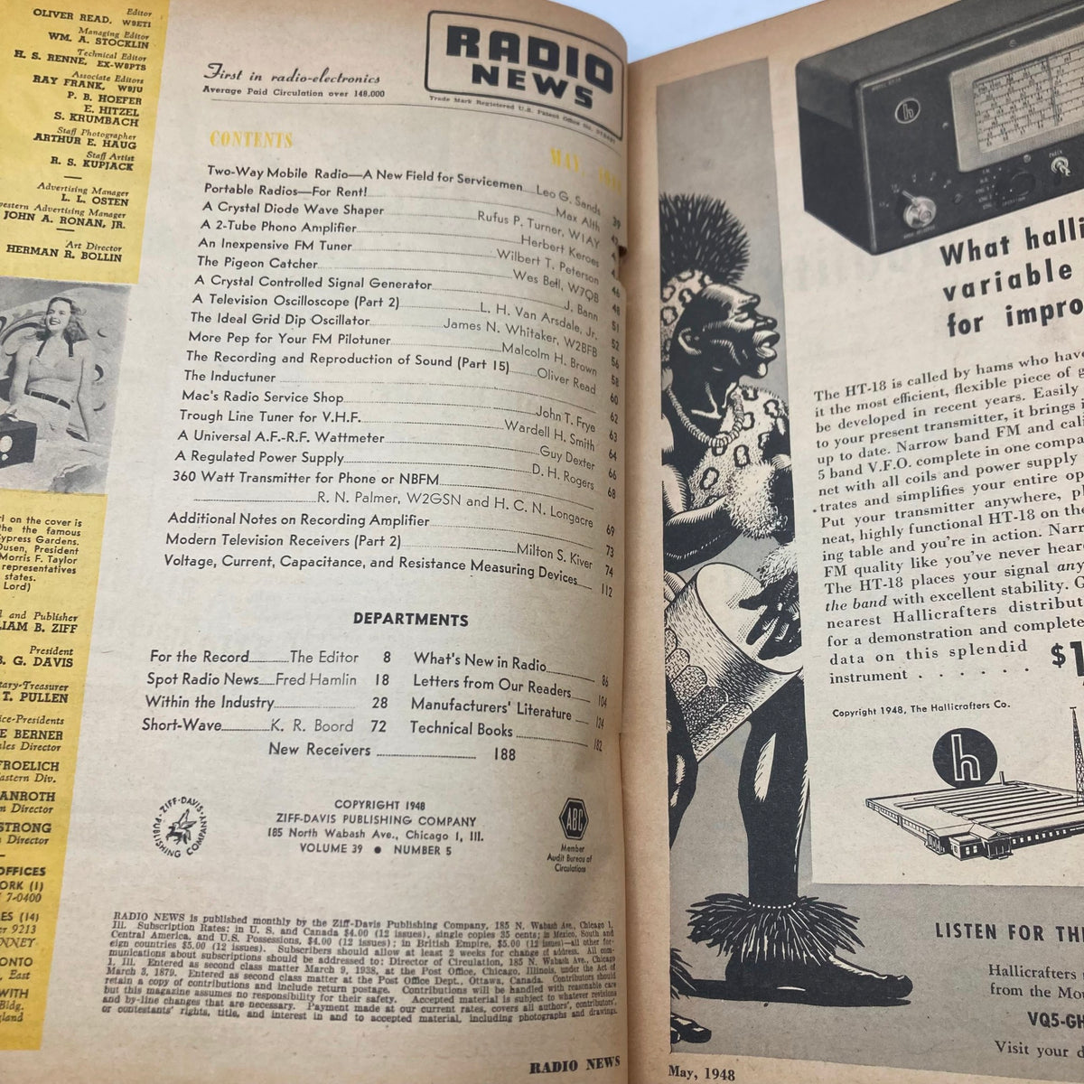 Interior page of VTG Radio News Magazine from May 1948 displaying contents and articles related to portable radios.