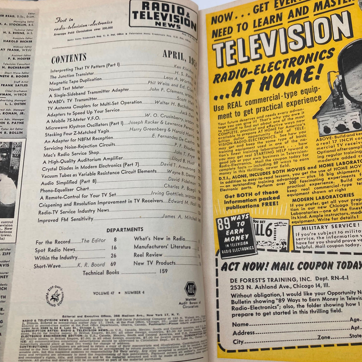Inside page of the April 1952 VTG Radio & Television News Magazine, showcasing contents including articles on television electronics and innovations in broadcasting.