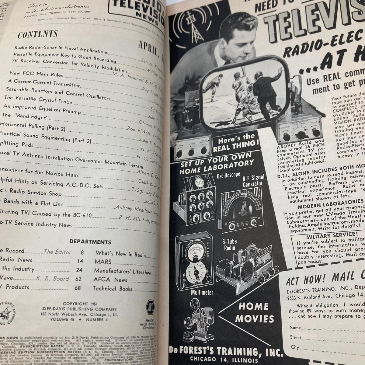 VTG Radio & Television News Magazine April 1951 interior page featuring content list and advertisements related to radio and television technology.