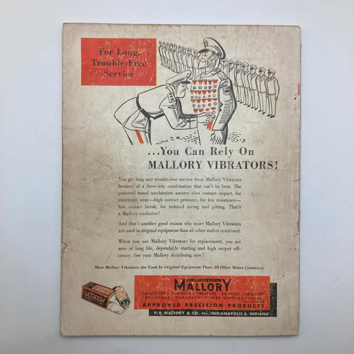 Back cover of the VTG Radio & Television News Magazine from July 1950 showcasing an advertisement for Mallory Vibrators, detailing their features and reliability.