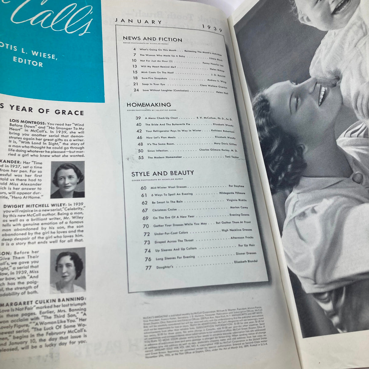 Interior page of VTG McCall's Magazine January 1939, displaying the table of contents and articles on homemaking, style, and beauty.
