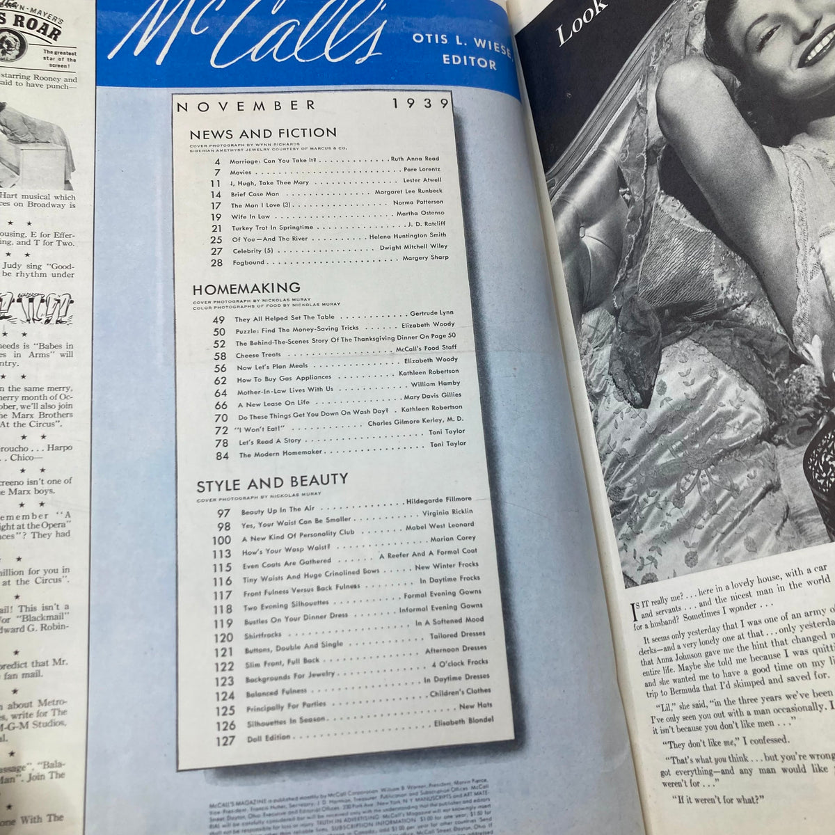 Table of contents from VTG McCall's Magazine November 1939, outlining articles on news, homemaking, style and beauty from the era.