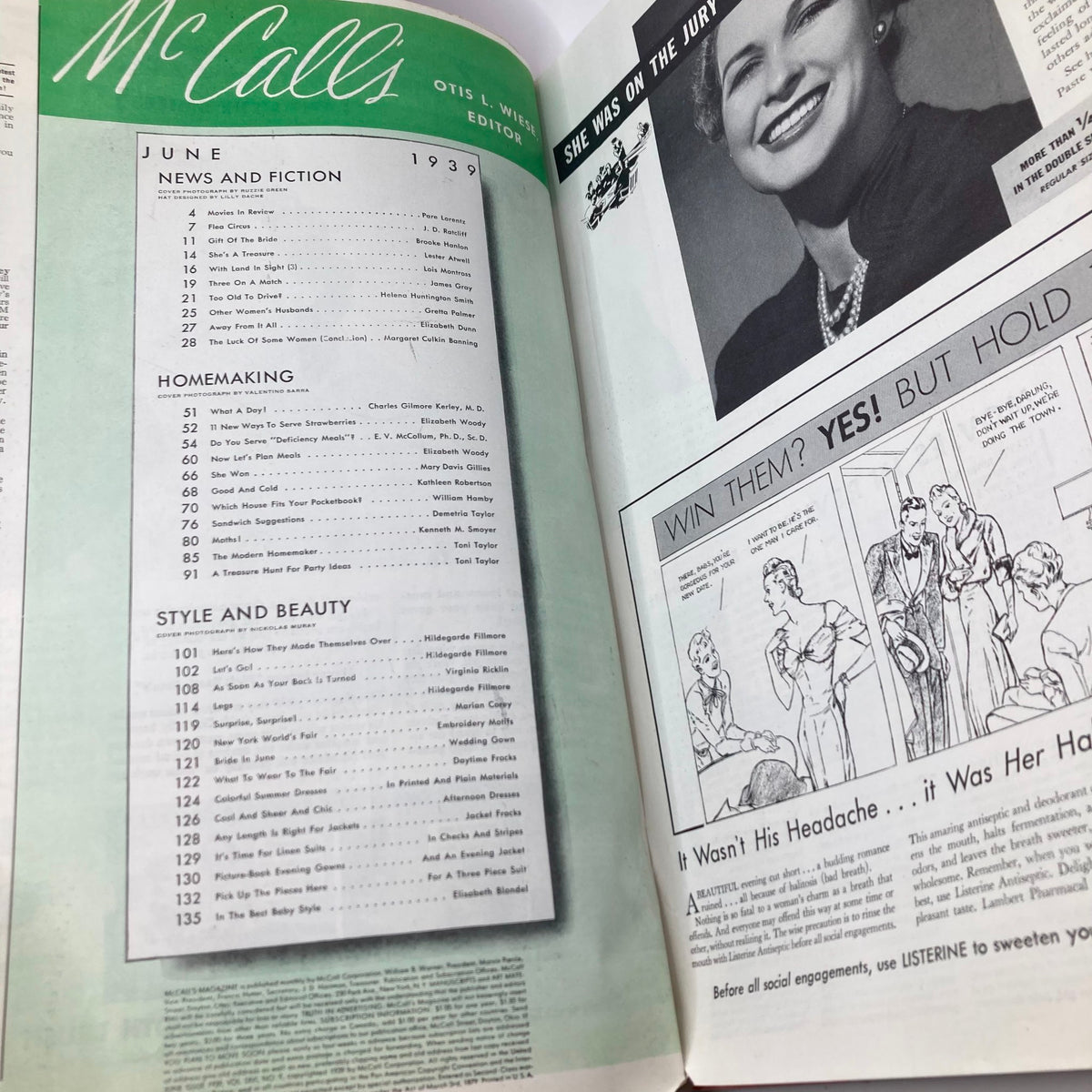 Inside page of VTG McCall's Magazine June 1939 listing articles including 'The Luck of Some Women' by Margaret Culkin Banning with lifestyle and homemaking features.