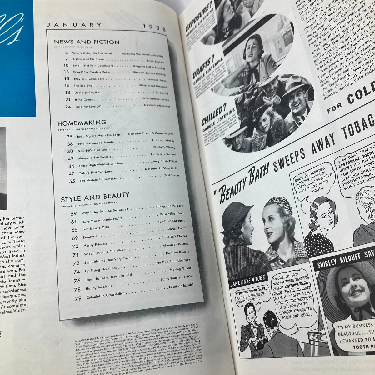Interior pages of VTG McCall's Magazine January 1938, showcasing the index of articles including news, fiction, and homemaking tips, reflecting the magazine's content from the 1930s.