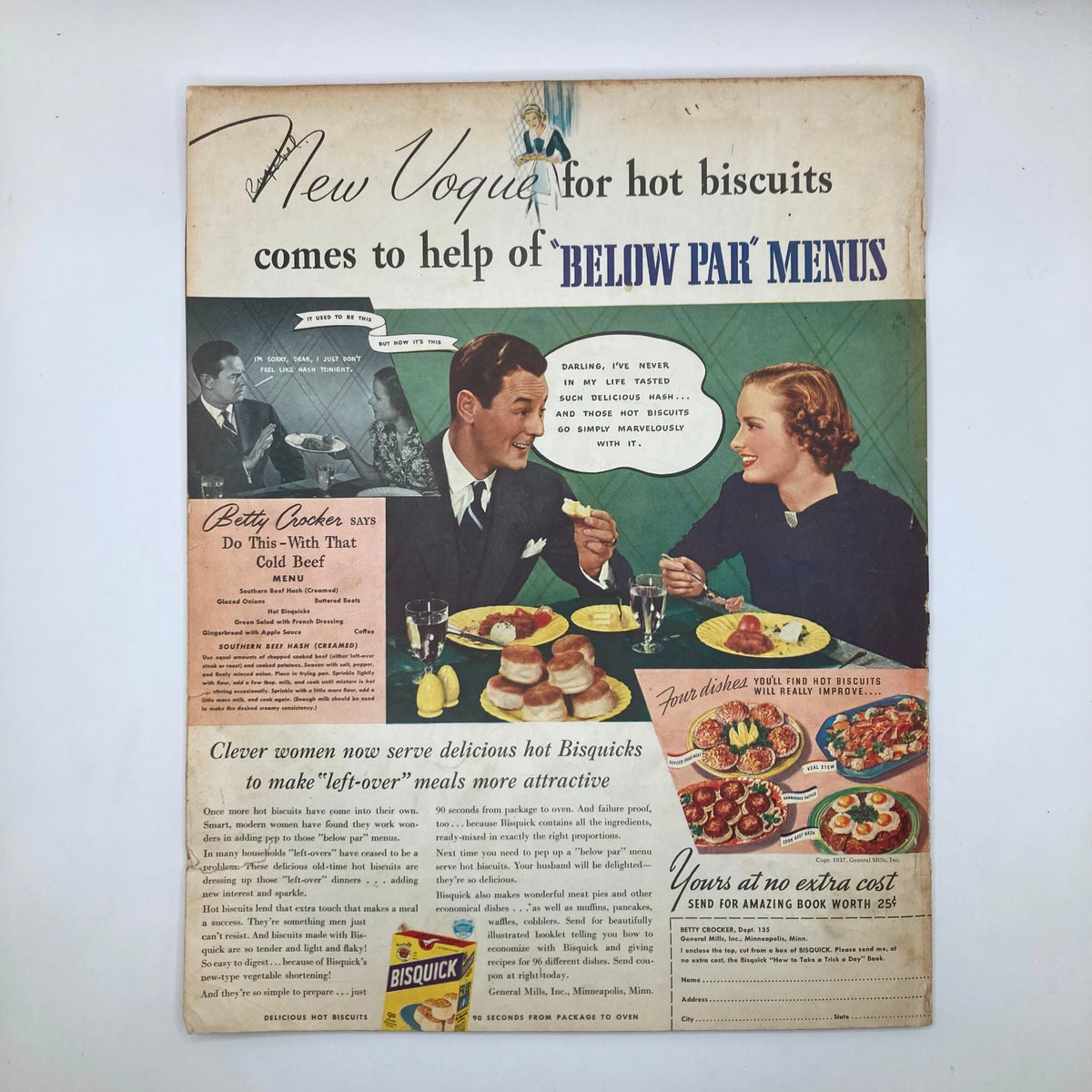 Vintage advertisement page from VTG McCall's Magazine January 1938, featuring a couple dining together and promoting Bisquick hot biscuits, highlighting 1930s culinary trends.