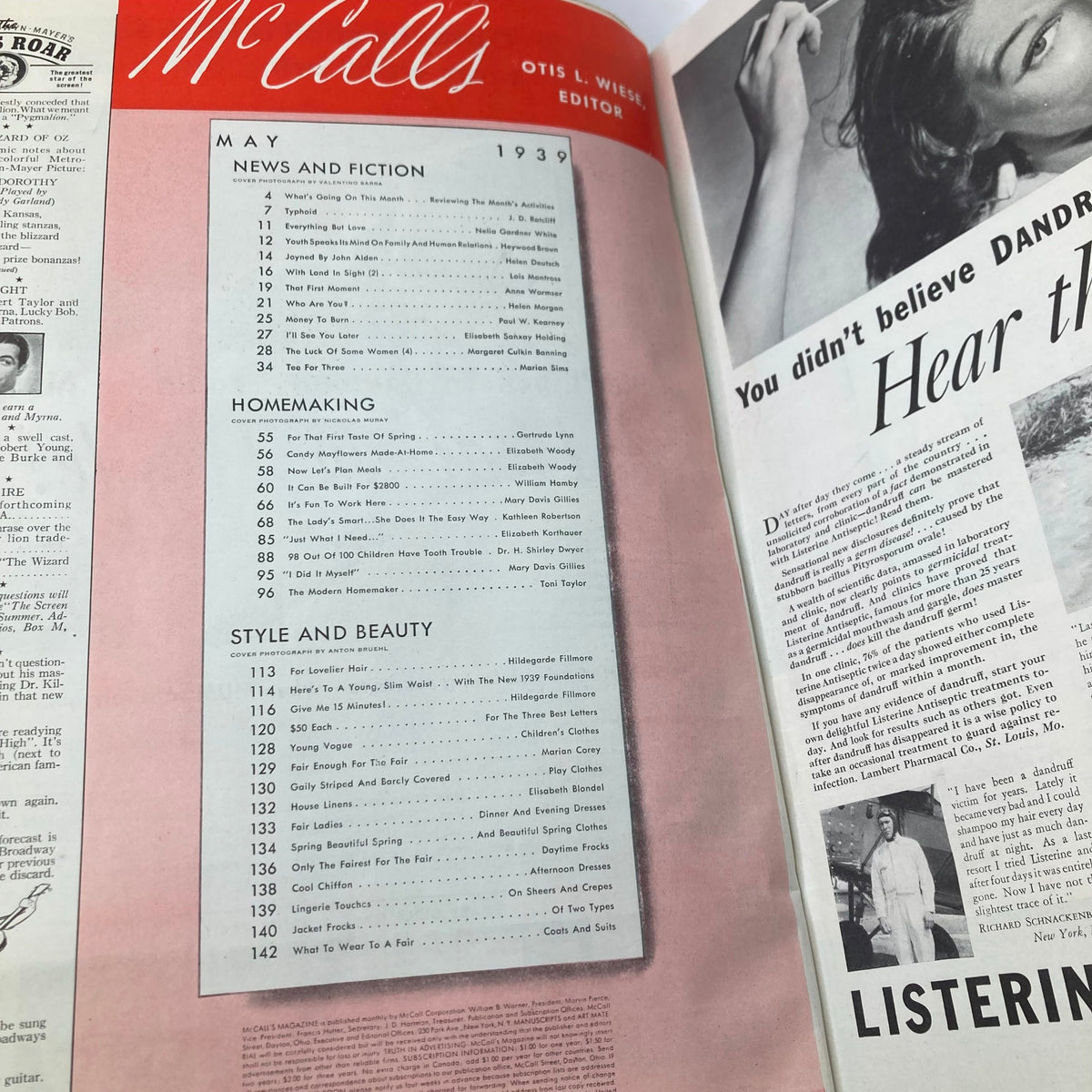 VTG McCall's Magazine May 1939, showing the table of contents for articles and features on family relationships and homemaking.