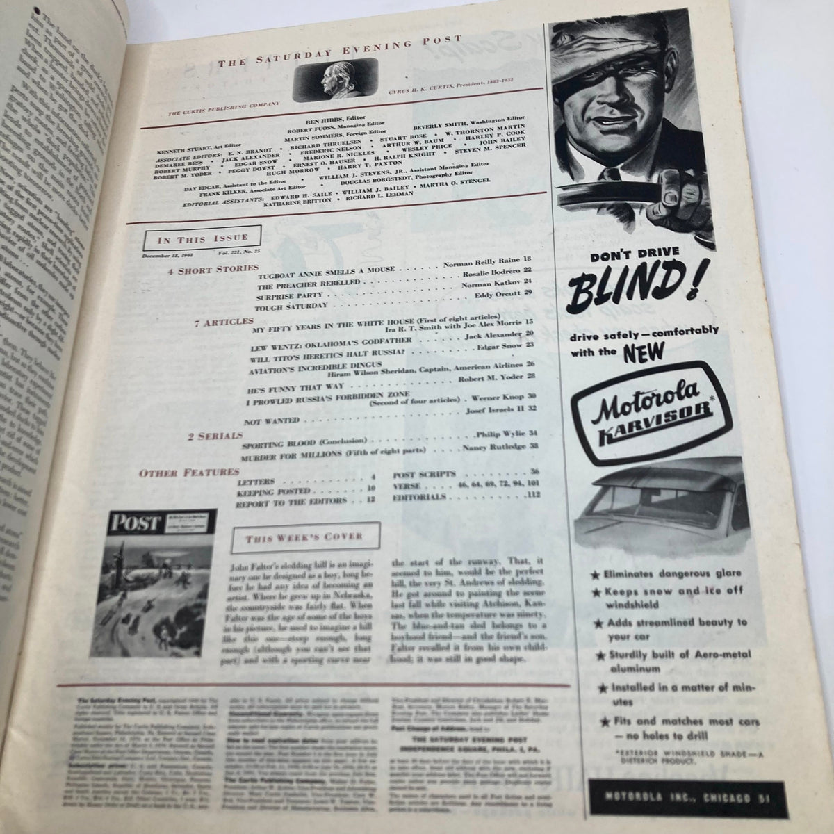 Interior page of the Saturday Evening Post Magazine December 18, 1948, showcasing the table of contents and vintage advertisements.