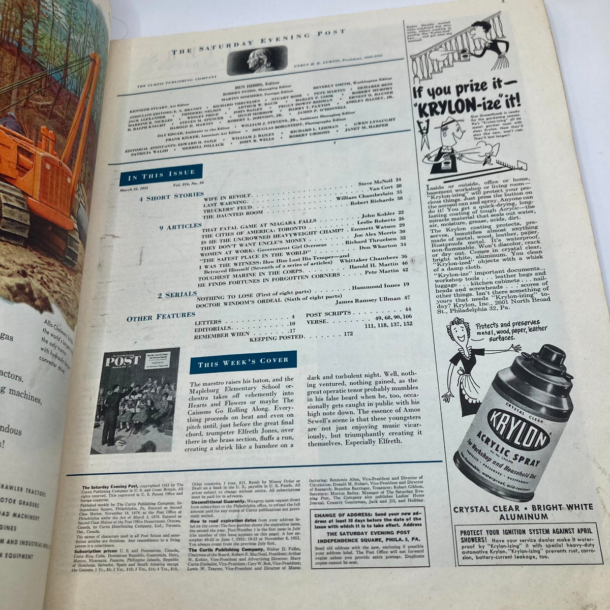 Interior pages of the Saturday Evening Post Magazine March 22 1952 revealing contents and articles, reflecting mid-20th century American culture.