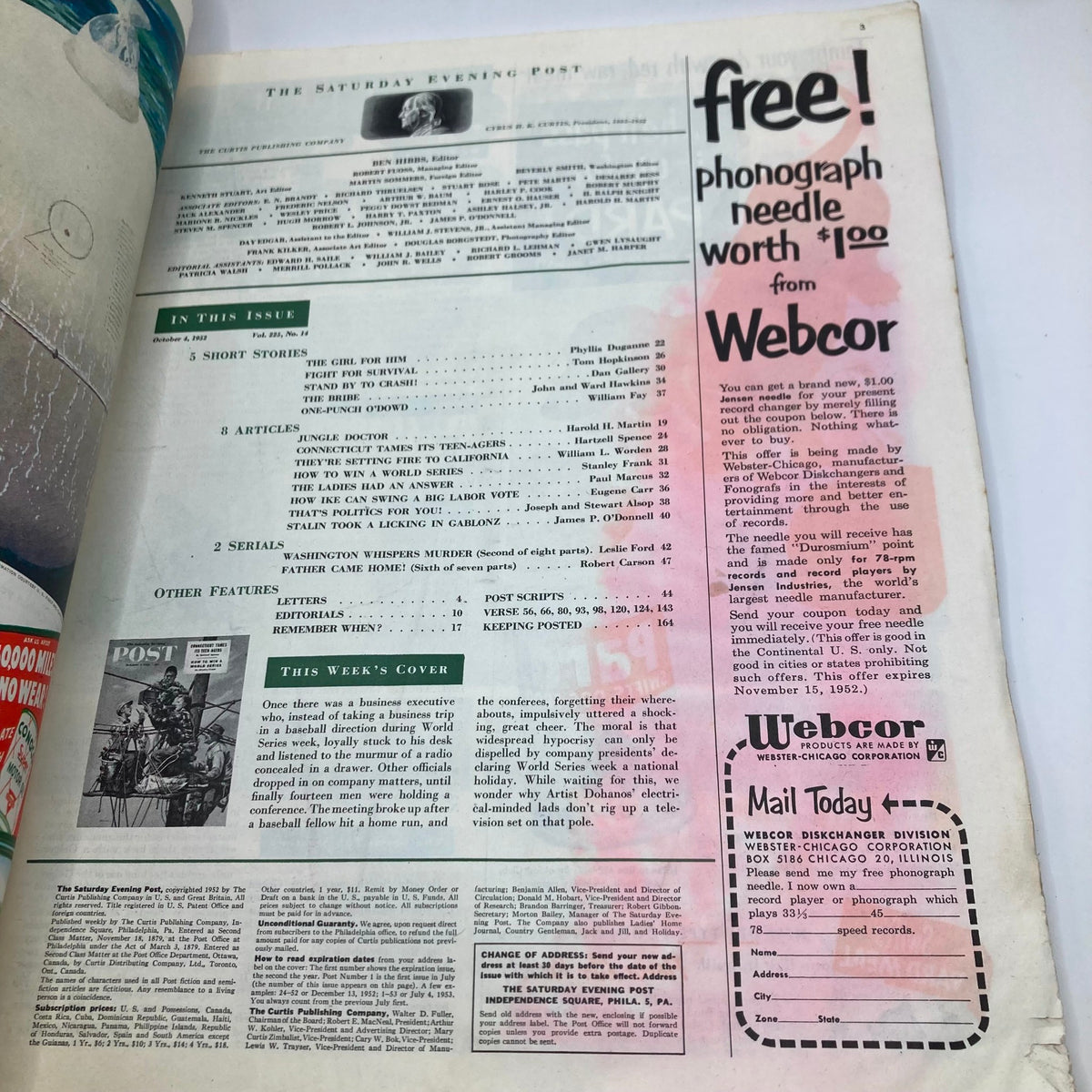 Interior page of the Saturday Evening Post Magazine from October 4, 1952, displaying content overview and advertisements typical of the era.
