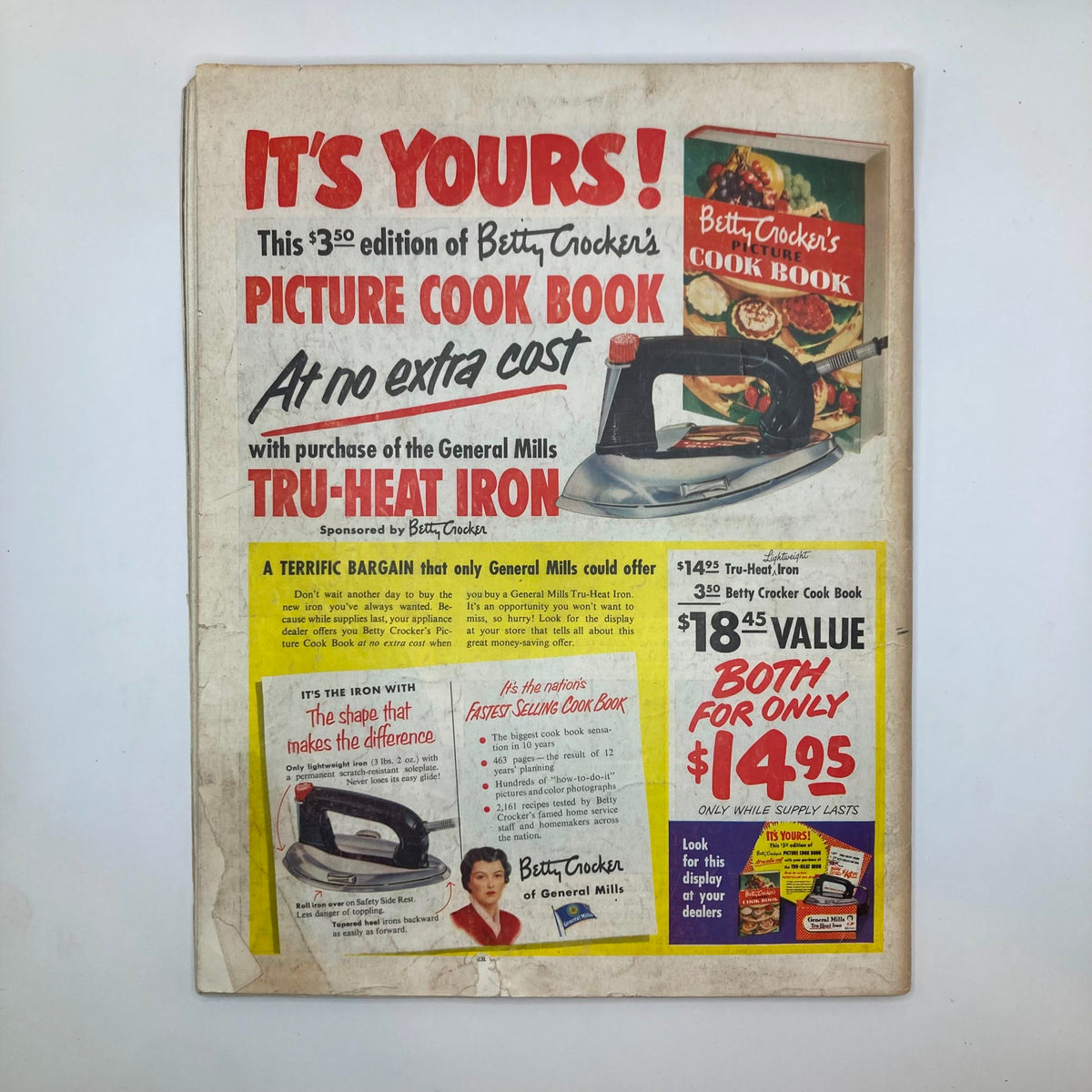 Advertisement page from Saturday Evening Post Magazine April 26, 1952 promoting Betty Crocker's Picture Cook Book with a special offer on the Tru-Heat Iron.