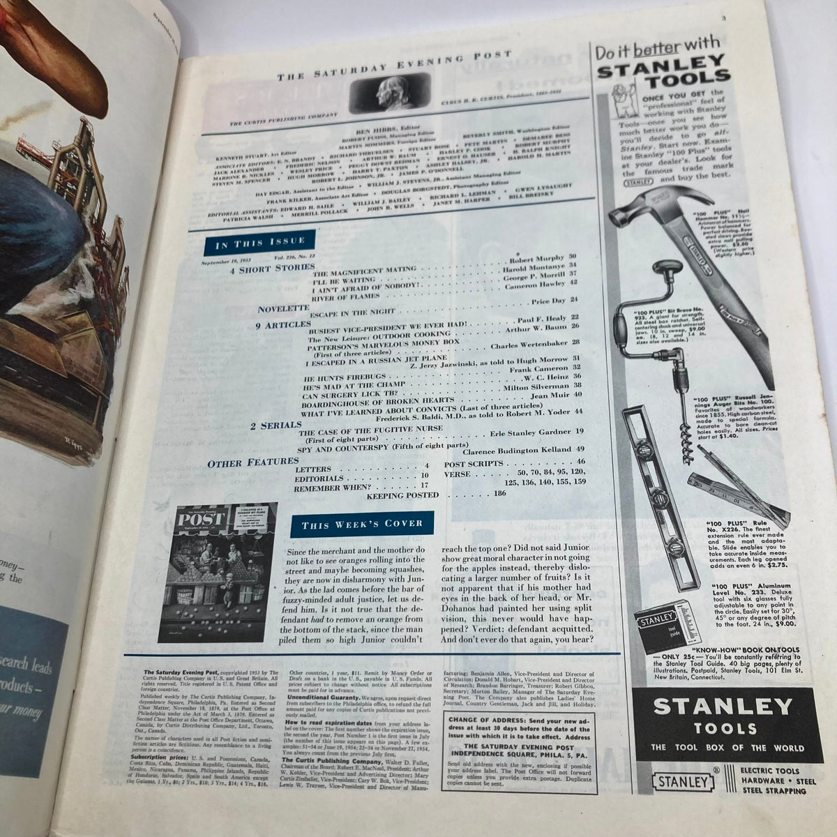 Inside page of the Saturday Evening Post Magazine dated September 19, 1953, featuring the table of contents and an advertisement for Stanley tools.
