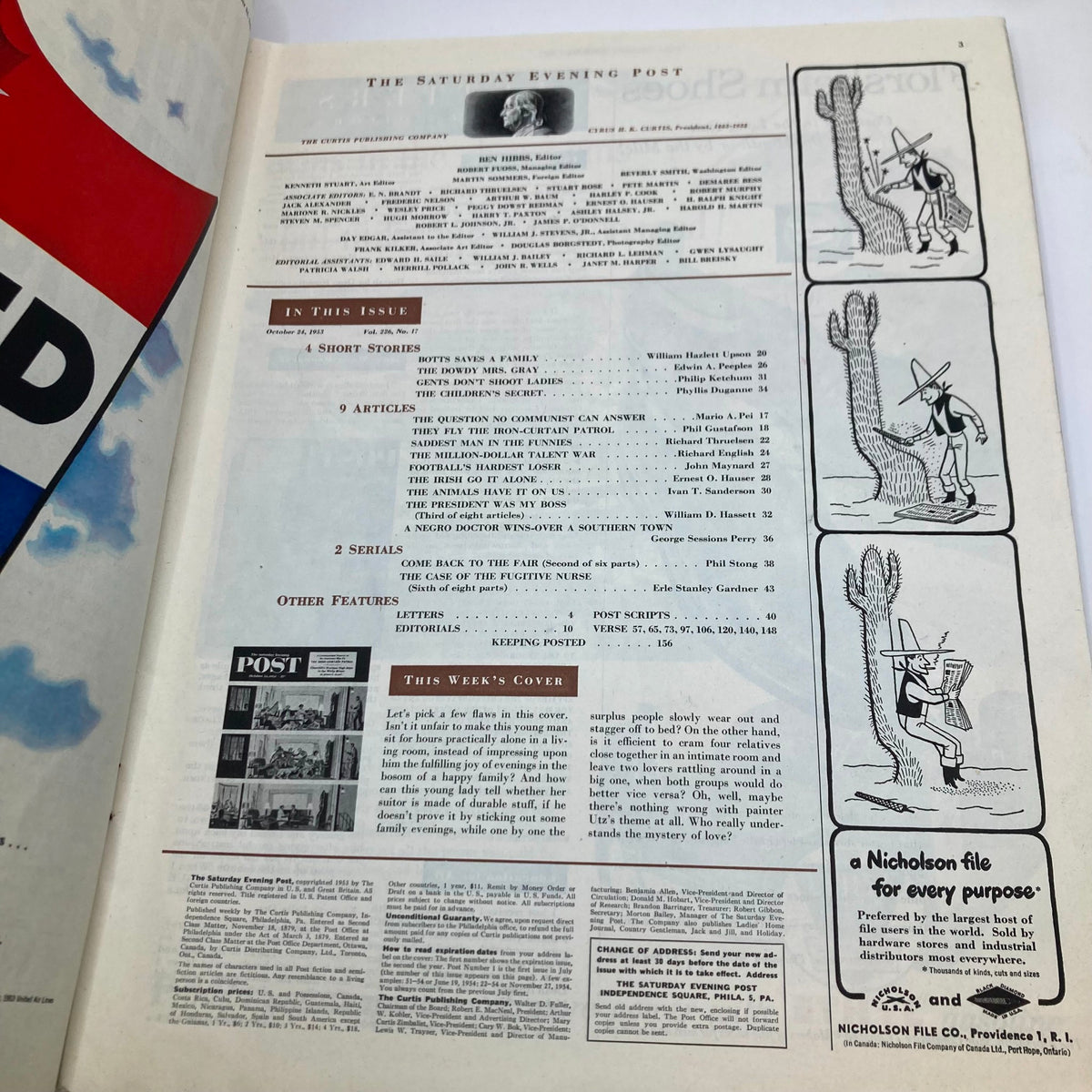 Interior page of the Saturday Evening Post Magazine from October 21, 1953, displaying the table of contents and editorial features, capturing the essence of mid-century media.
