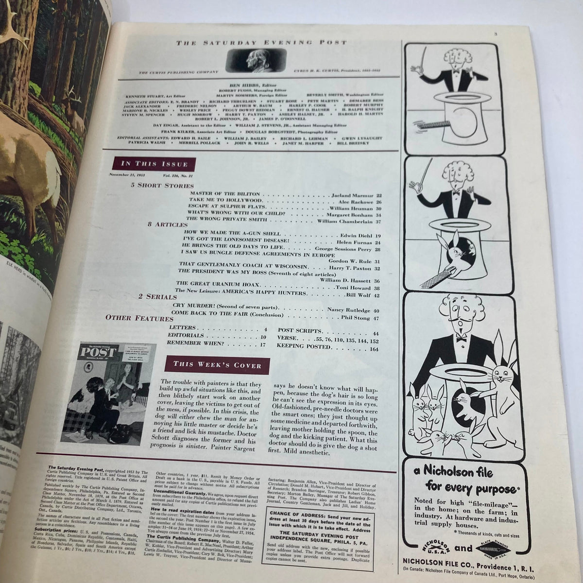 Inside page of the Saturday Evening Post Magazine, November 21, 1953, displaying the table of contents and highlights of the issue alongside an advertisement.