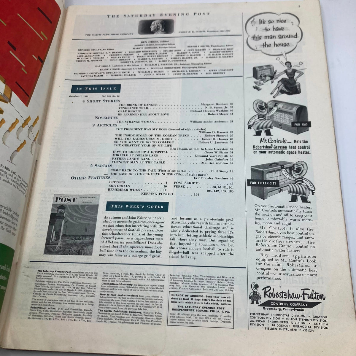 Inside page of the Saturday Evening Post Magazine dated October 17, 1953, showcasing the table of contents and features of the issue.