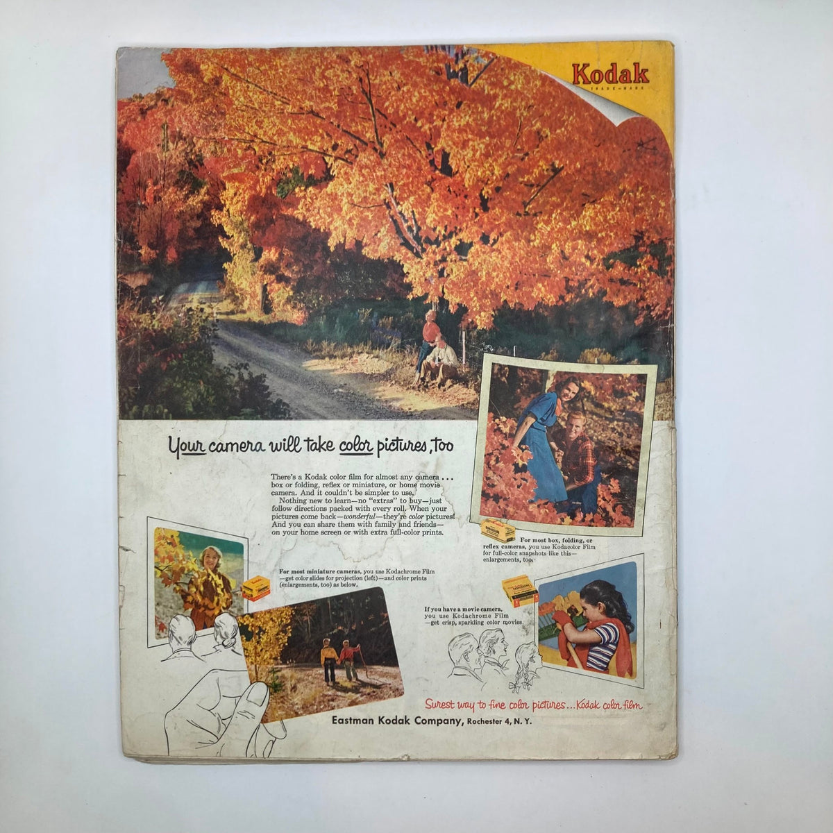 Back cover of the Saturday Evening Post Magazine from October 17, 1953, featuring a Kodak advertisement with autumn scenery and photography tips.